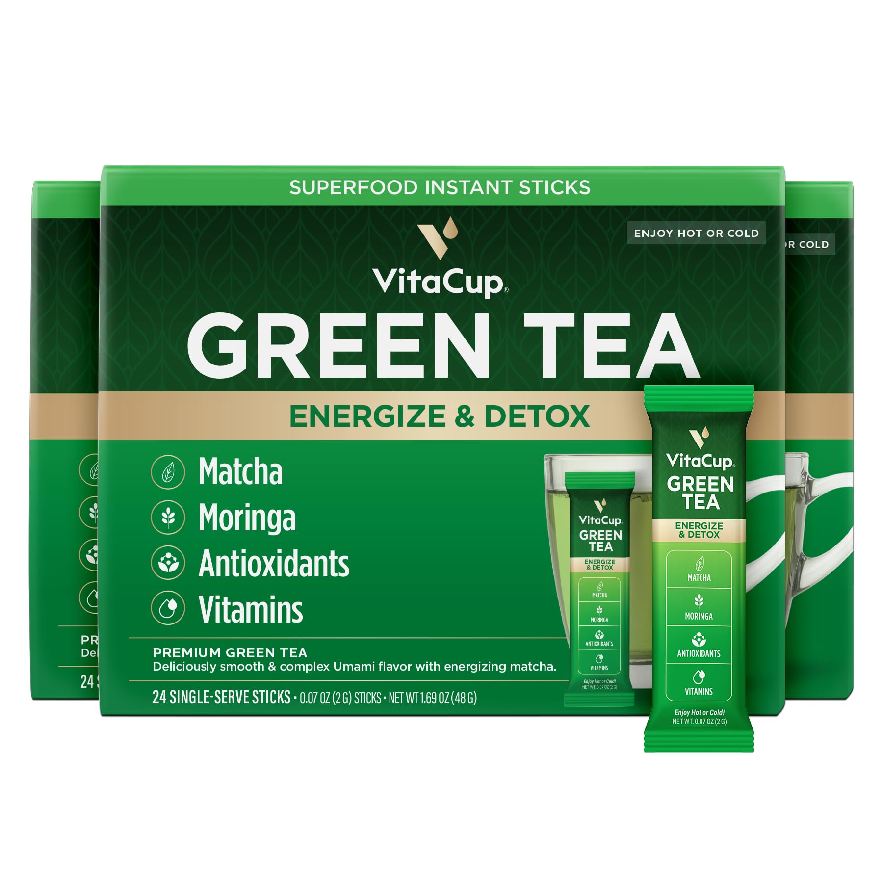 VitaCup Green Tea Instant Packets, Enhance Energy & Detox with Matcha, Moringa, B Vitamins, D3, Fiber, Keto, Paleo, Vegan in Tea Powder Single Serving