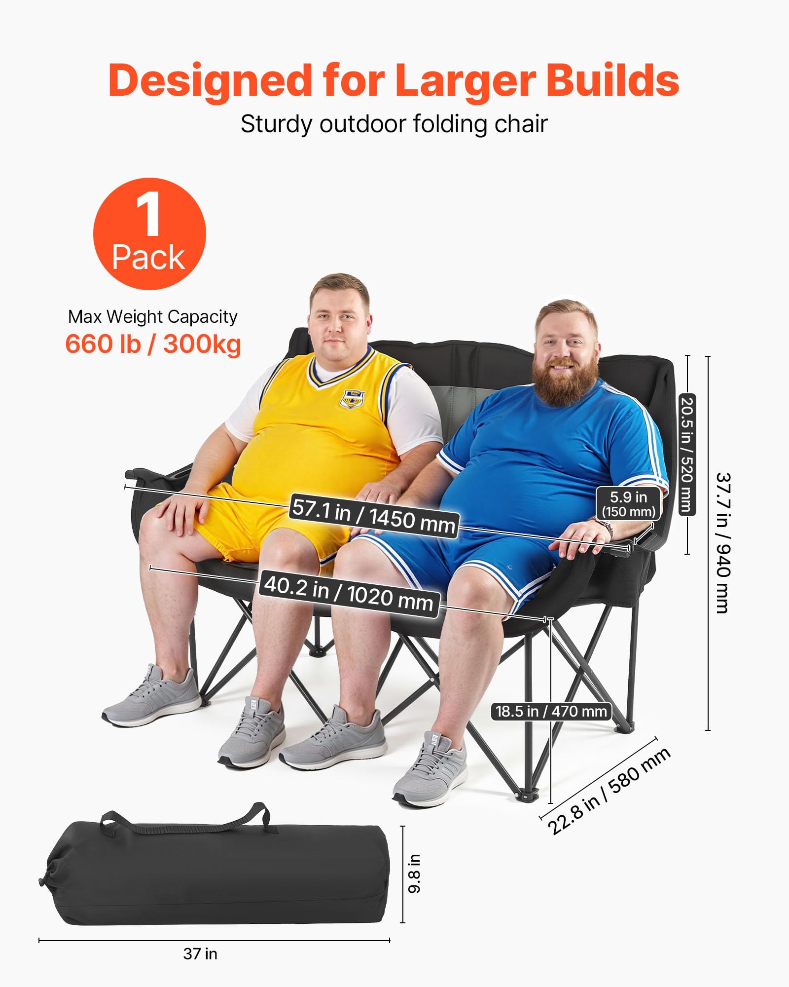 VEVOR Campingstuhl für 2 Personen Faltstuhl 300 kg Belastbar, Anglerstuhl mit 2 Getränkehaltern & Weinglashaltern & Zeitschriftenhalterungen & Tragetaschen, für Outdoor-Aktivitäten Angeln 1 STK.