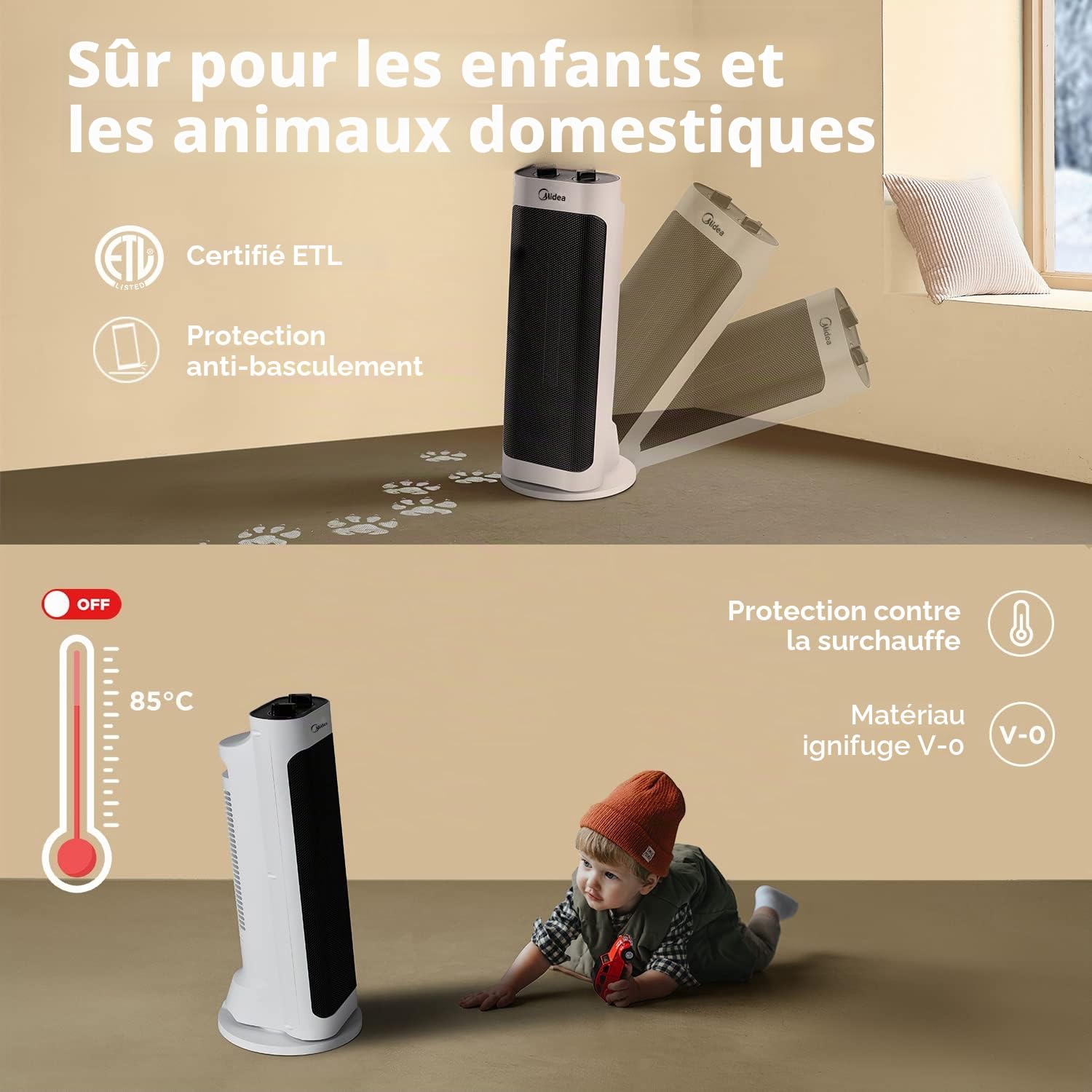 Midea NTH20-19JE Chauffage électrique faible consommation radiateur ventilateur 2000 W technologie céramique silencieuse, 2 niveaux de température, thermostat d'ambiance