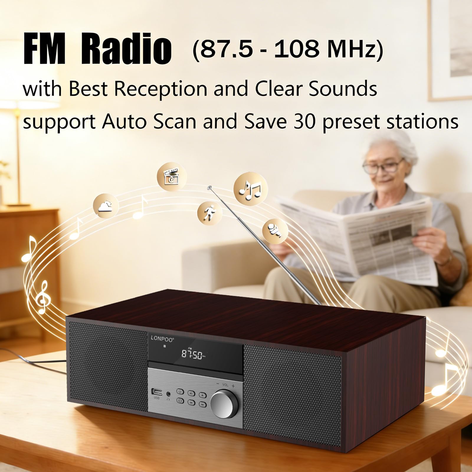 Sistema estéreo Compacto con Reproductor de CD, Bluetooth, Radio FM, Entrada USB/AUX (LP816-DN)