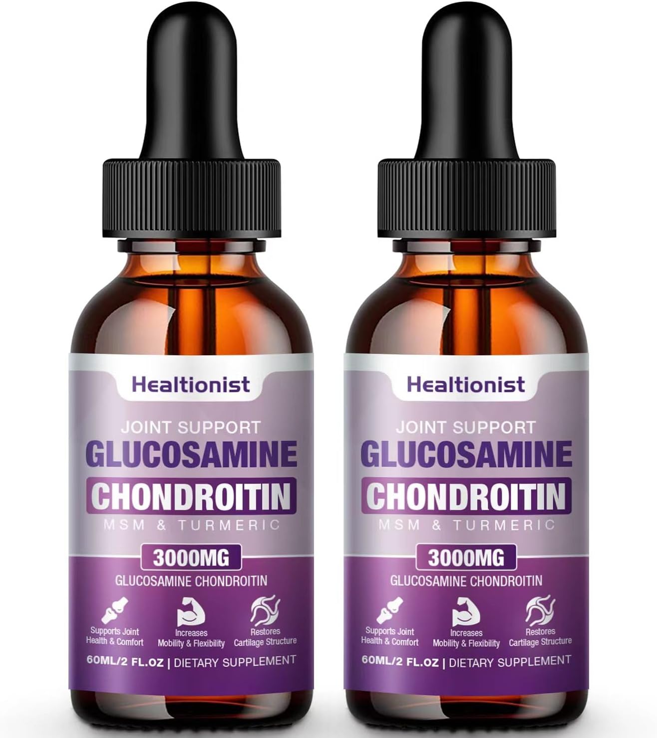 2 Pack Glucosamine Chondroitin MSM Liquid Drops, Extra Strength Joint Support Supplement for Adults Men & Women, Quercetin Boswelia, Bromelain, Antioxidant Immune Support (4 Fl oz)