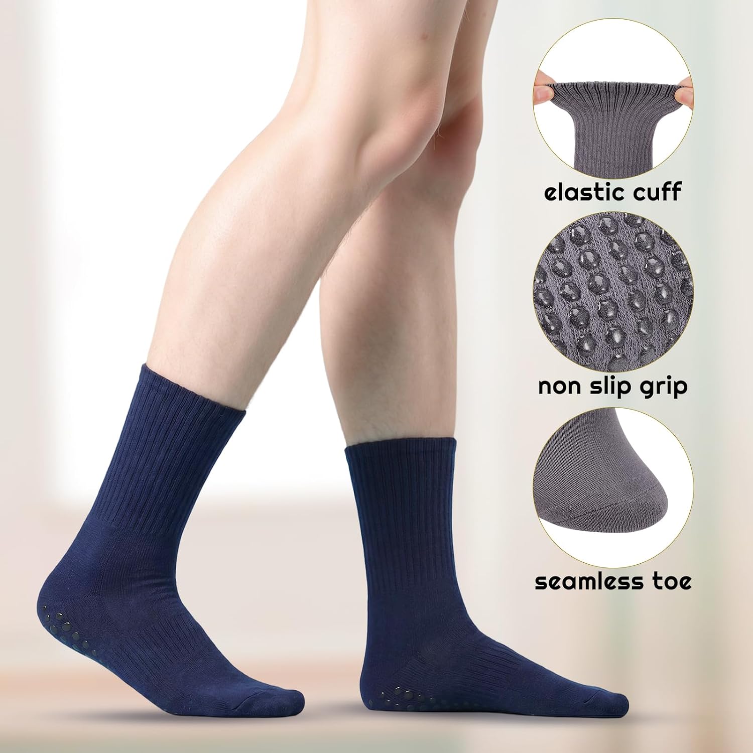 5 Pairs Cotton Pilates Socks for Men Women, Non Slip Grip Yoga Socks with Silicone Dots for Barre Hospital Gym