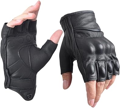 Mens Goatskin Fingerless Leather Motorcycle Gloves Half Finger Breathable Outdoor Driving Gloves