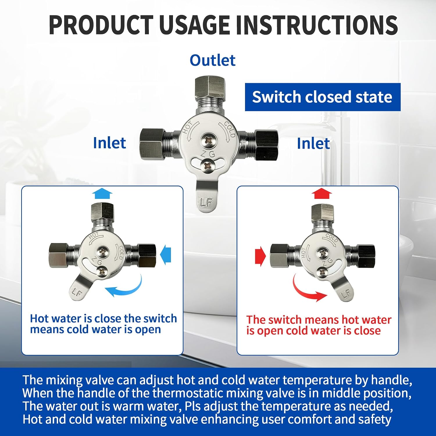 1PCS Water Mixing Valve, Hot and Cold Water Mixer, 3/8" Inch Inlets/Outlet | Hot and cold water mixer, compression sleeve and nuts included solid brass anti-corrosion body, adjustable temp control