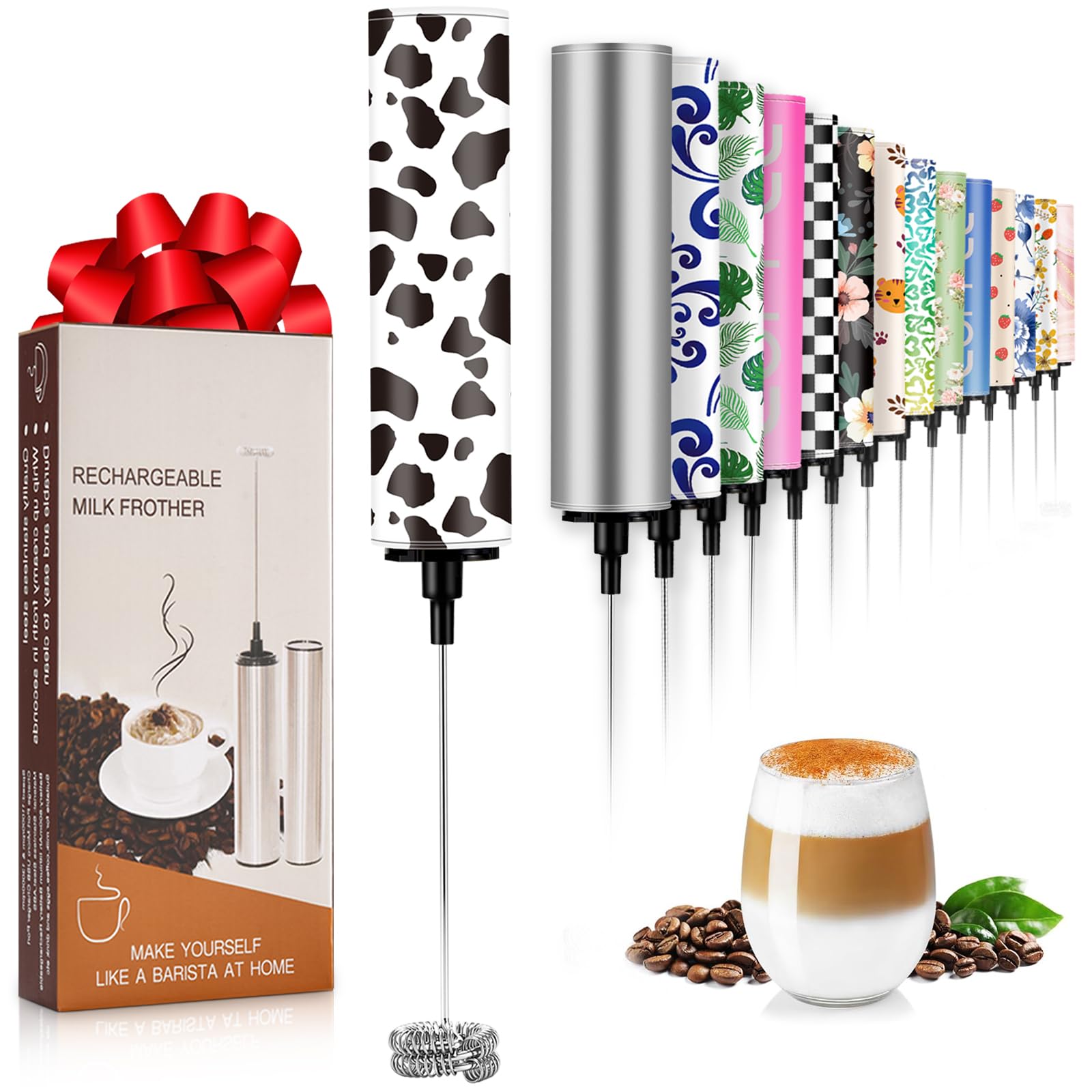 Milk Frother Handheld Rechargeable - 2-Speed Electric Whisk with 5 Detachable Heads (Frother/Mixer/Whisk) for Coffee, Latte, Cappuccino &amp; Matcha, Drink Mixer (Flower 15)