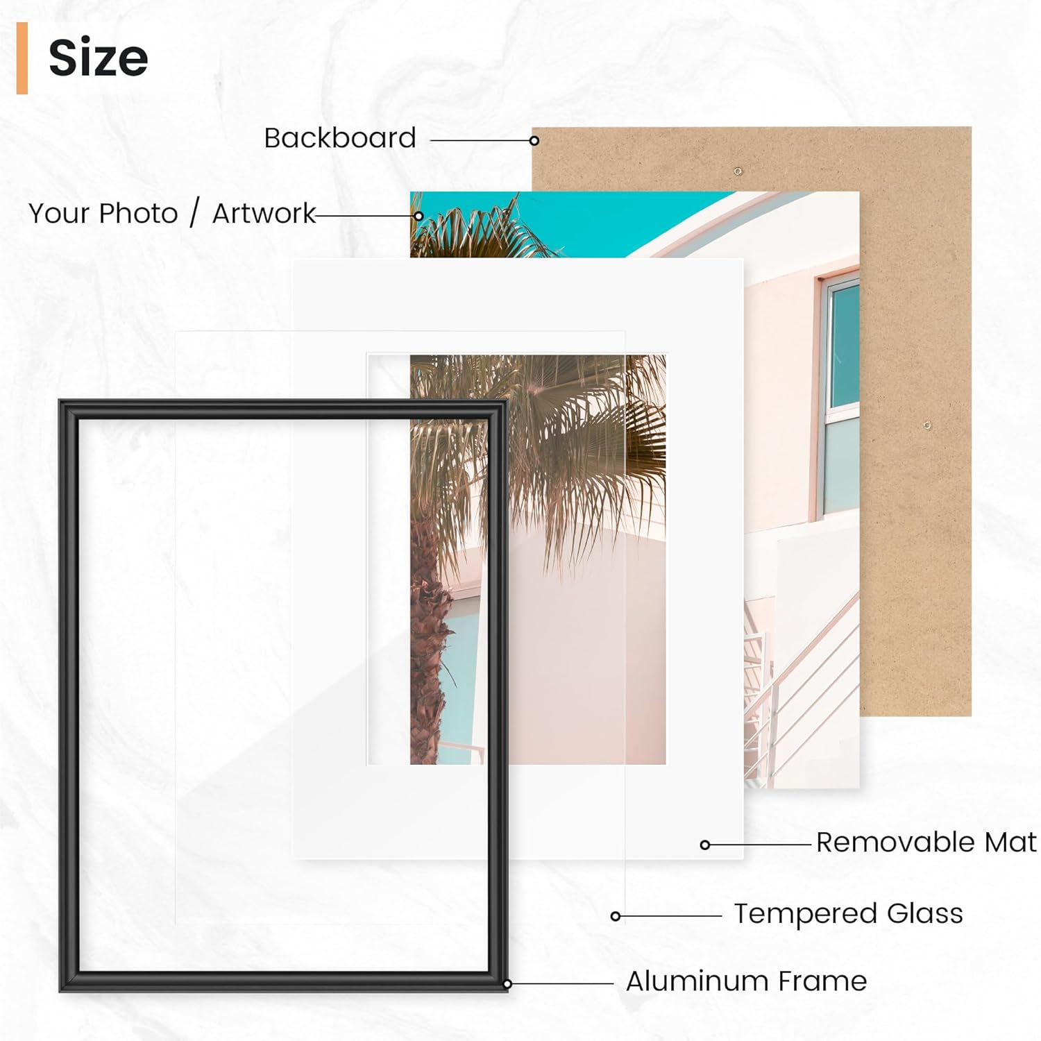 RICHFOCUS 8x8 Metal Picture Frame | 8x8 Aluminum Frame with Mat for 4x4 Square Photo | Tempered Glass | Wall or Tabletop Display for Home Decor | Wall Hook Included (Set of 1, Black)