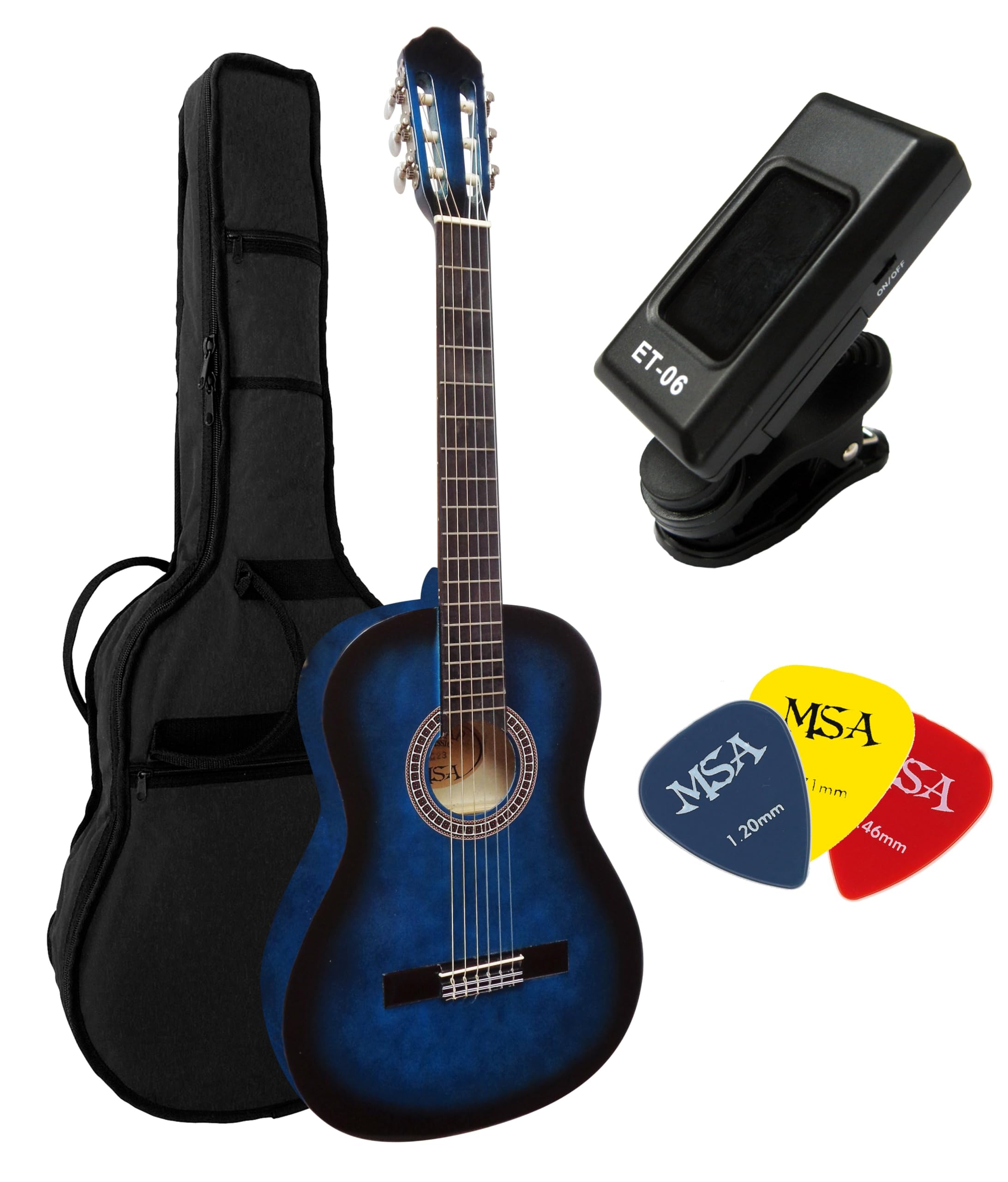4/4 GITARREN SET- KONZERT GITARRE IM SET - CLASSIC - BLAU- DECKE LINDENHOLZ - STIMMGERÄT - TASCHE - 3xPIKS