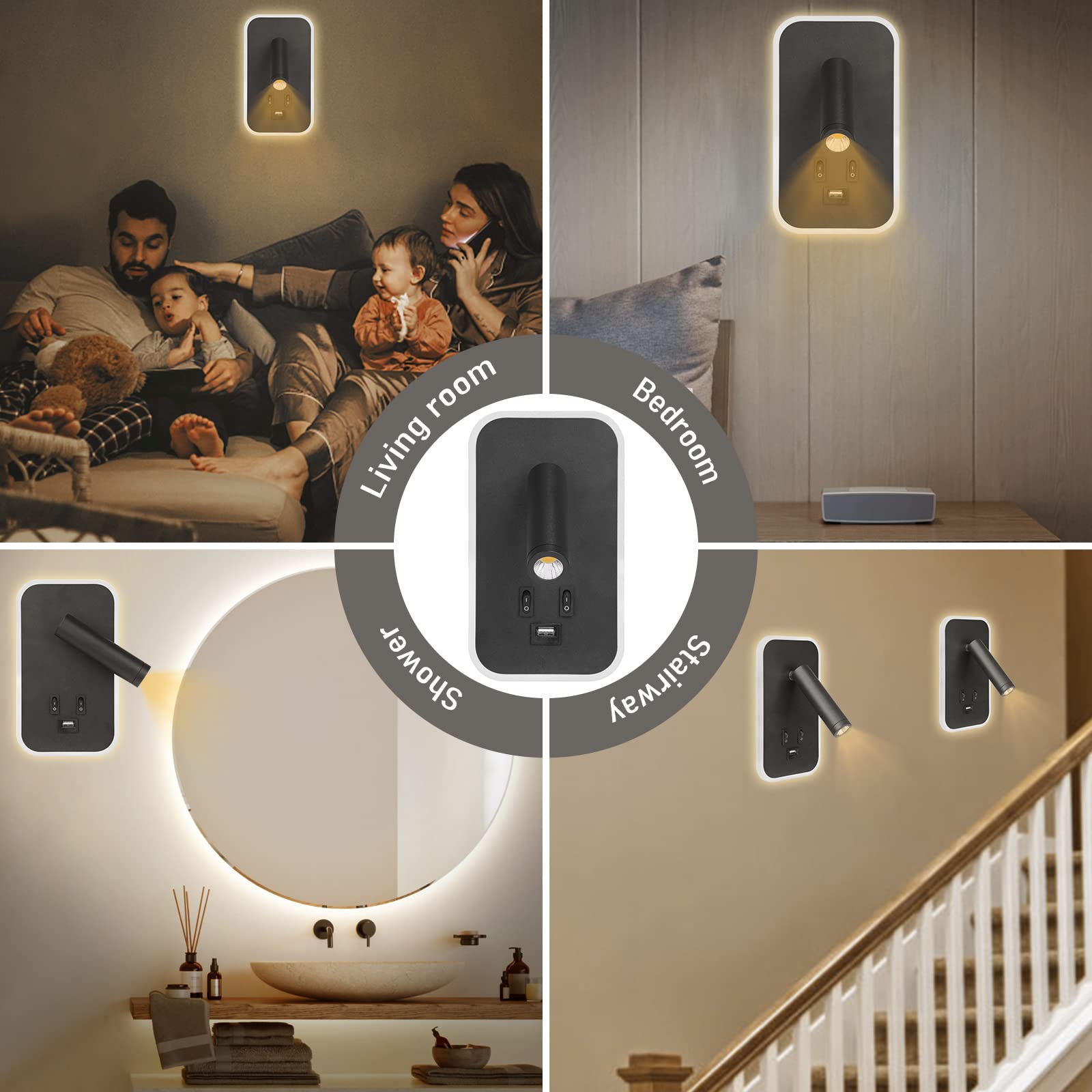 Lampada da comodino, 2 x applique da parete a LED con interruttore e ricarica USB, 3 W + 9 W, 3000 K, fissaggio a parete, faretto girevole, luci da parete, letto, lampada da parete, corridoio