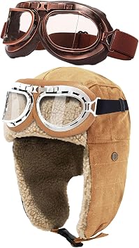 Peicees 1Pcs Khaki Vintage Aviator Hat and 2Pcs Goggles Costume Accessories Fur Ear Flaps Trooper Trapper Pilot Cap for Men Women