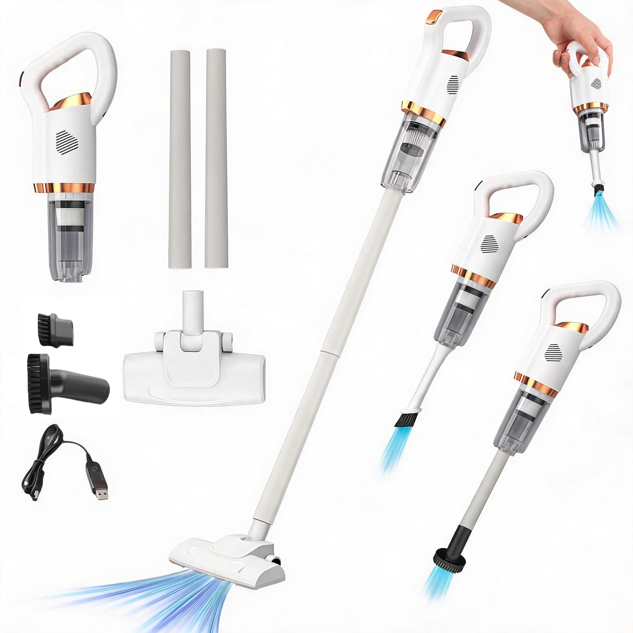 Aspirateur Balai sans Fil, 2 en 1 de la Main Rechargeable silencieuse Aspirateur, Aspirateur Sec Humide sans Fil, avec Pinceau au Sol pour Tapis, Sols Durs, Poils d'animaux, Bleu