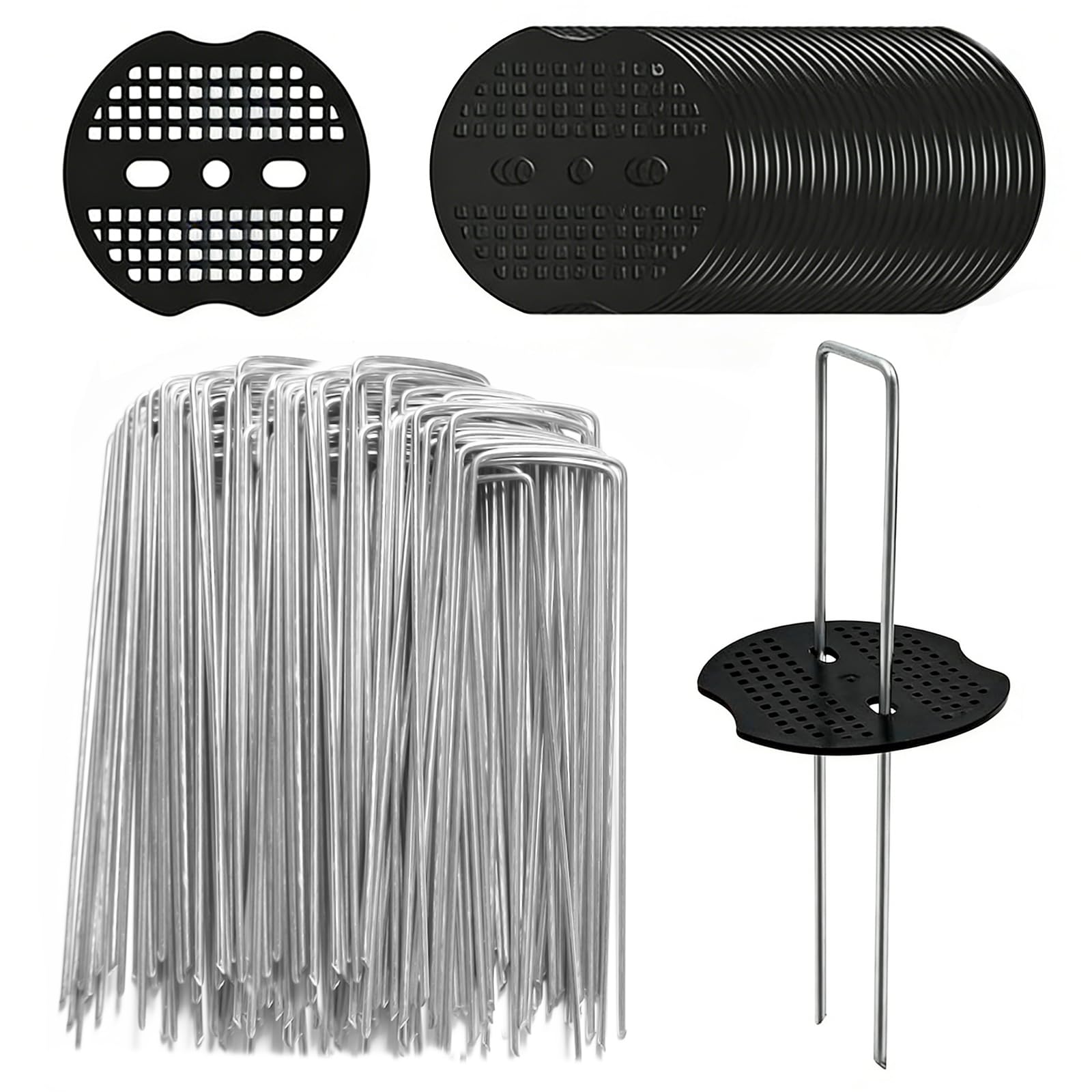 60 sztuk haczyków do kotwicy gruntowej, 60 śledzi + 60 krążków buforowych (150 x 40 mm, Ø 2,5 mm), ocynkowane śledzie ogrodowe w kształcie litery U, zestaw haczyków do mulczowania sztucznej