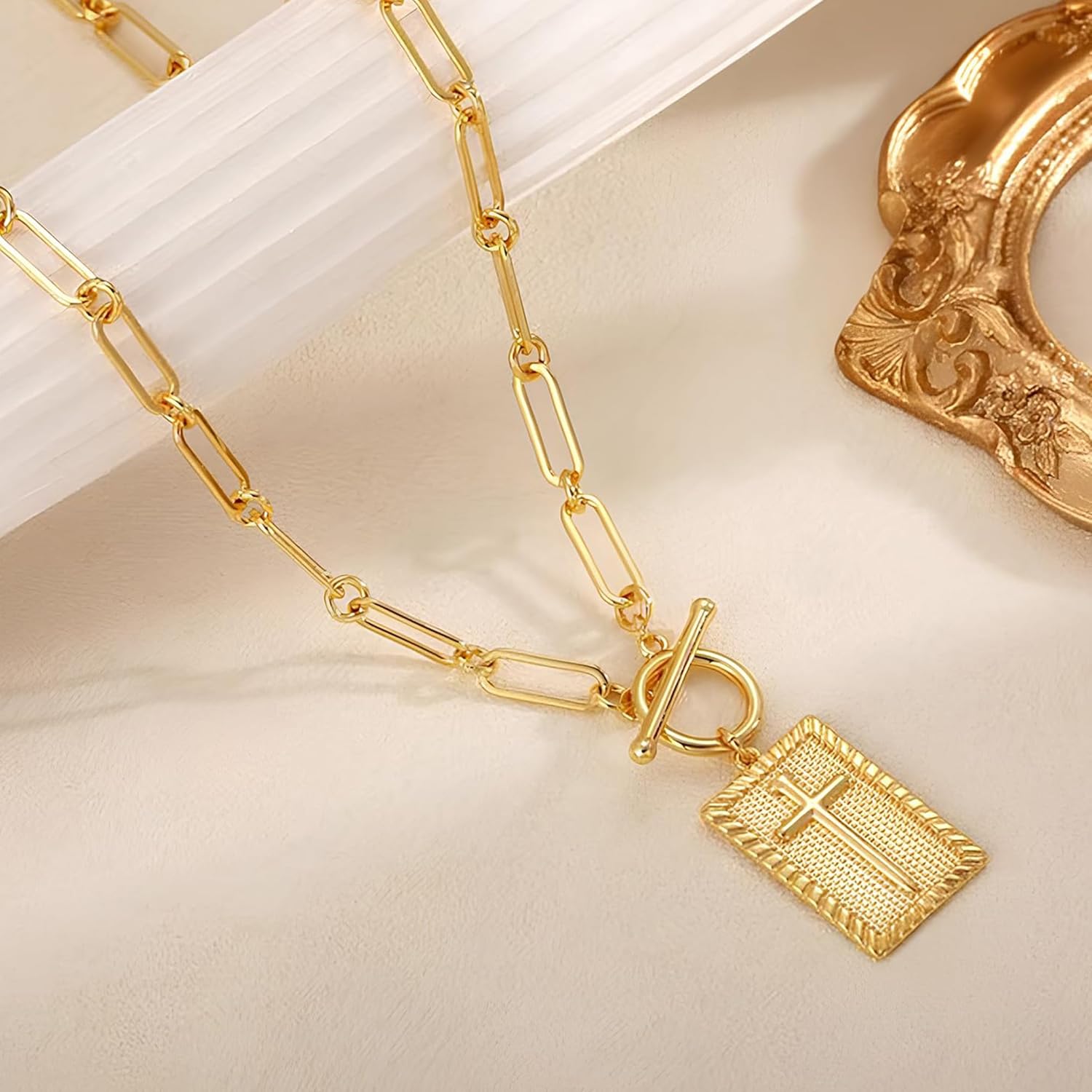 Sterling Silver Cross Pendant Necklace, Chunky 14K Gold Plated Cross Necklace for Women Trendy Toggle Clasp Paperclip Chain Dainty Religious Jewelry Gift for Christian Faith Baptism First Communion - Image 8