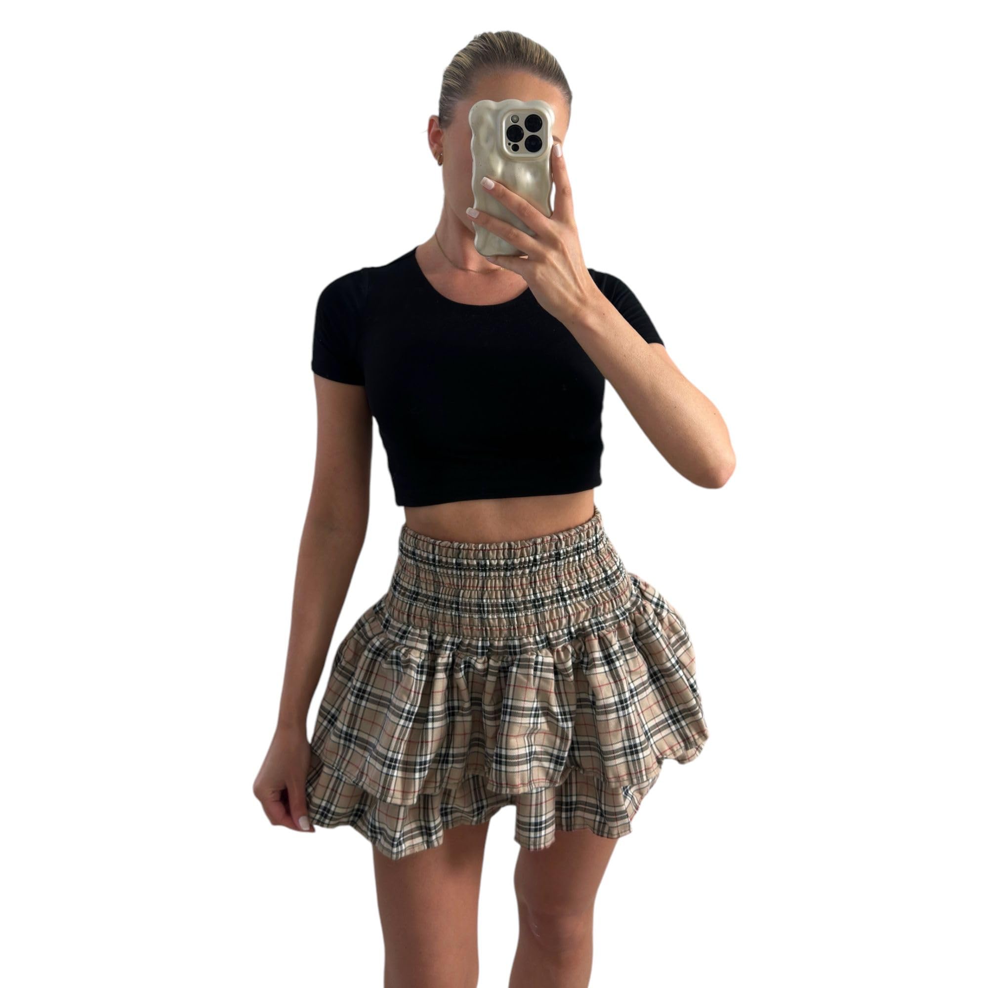 Gostyles Women's Beige Tartan Gostyles® High Waisted Frill Mini Rara Short Skirt - Tartan Check Pleat Gathering Mini Party Skirts (, 12)