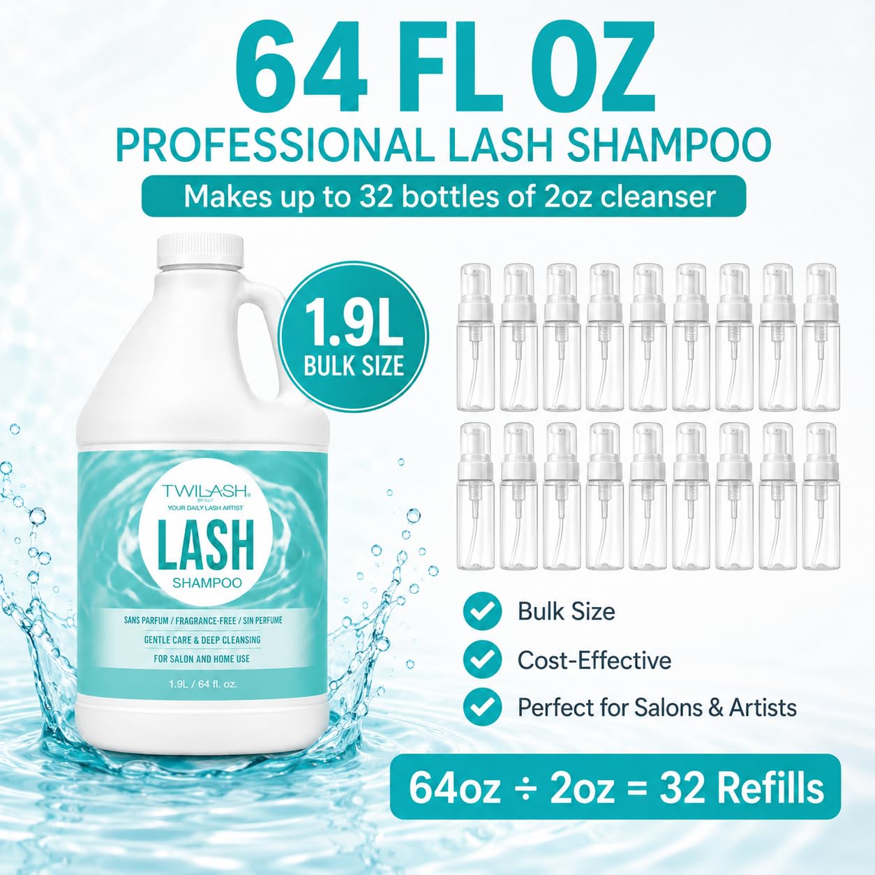 Lash Shampoo Bulk 1.9L/64Fl Oz, Eyelash Cleanser for Extensions, Safe Makeup Remover, Non-irritating or Burning Formula Eyelid Foaming Cleanser Best for Professional Salon and Home Use (Unscented)