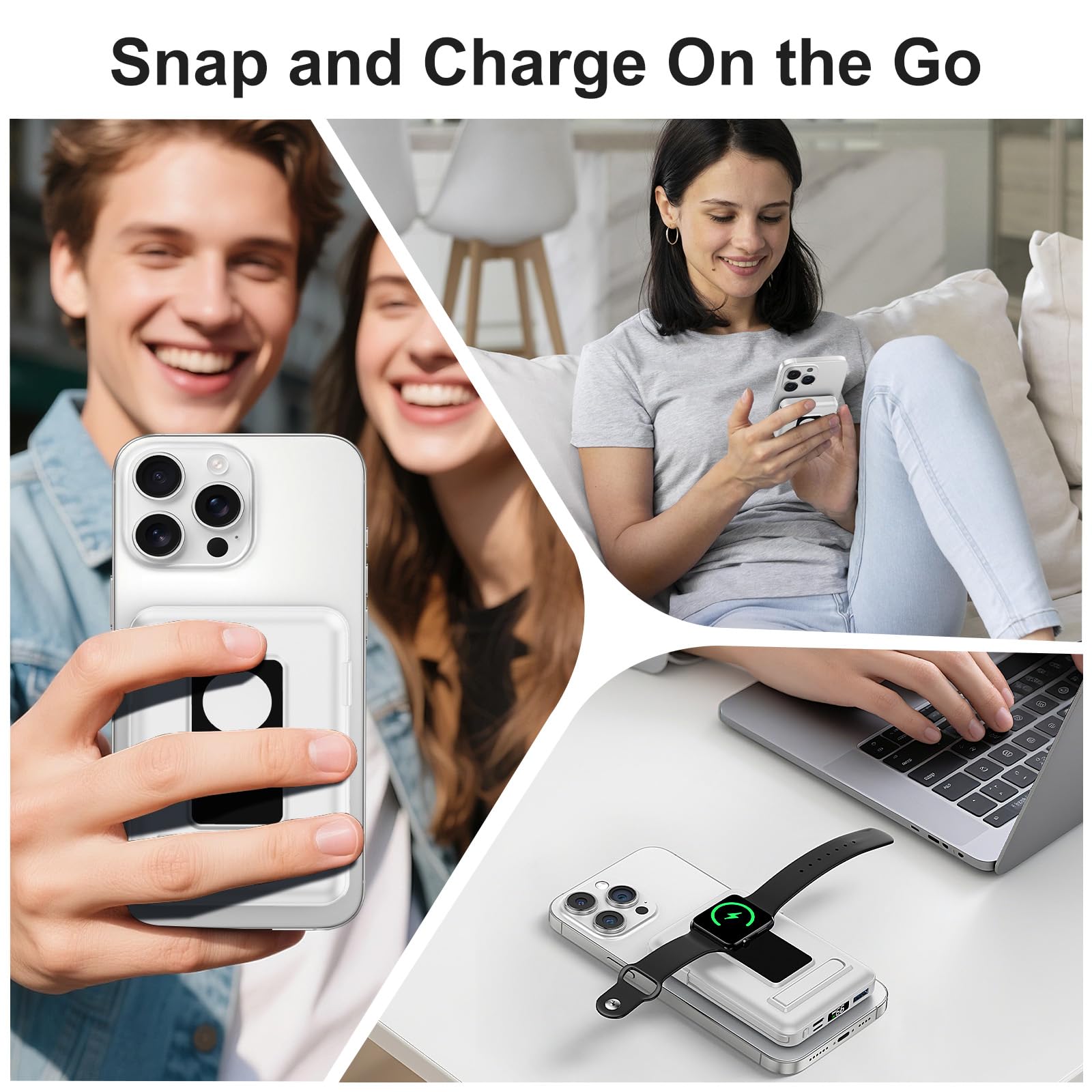 for Batterie Externe Iphone, 10000mAh Power Bank Magnétique Compatible avec MagSafe, Charge Rapide PD 20W avec 2 Câble et Support et Affichage LED, for iPhone 17-12 et Apple Watch Series(Blanc