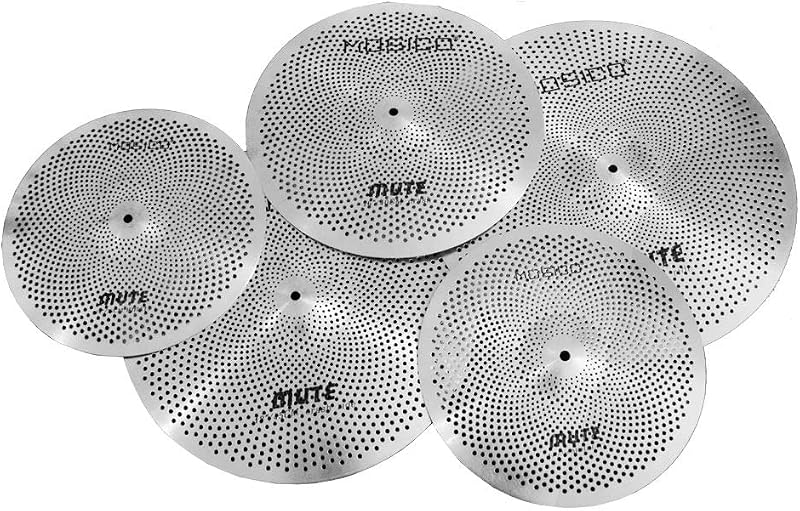 Low Volume Cymbal Pack Mute Set 14'Hihats+16"Crash+18'Crash+20"Ride 5 Pieces Silver Drummer Practice Quiet Cymbal for Drum Set