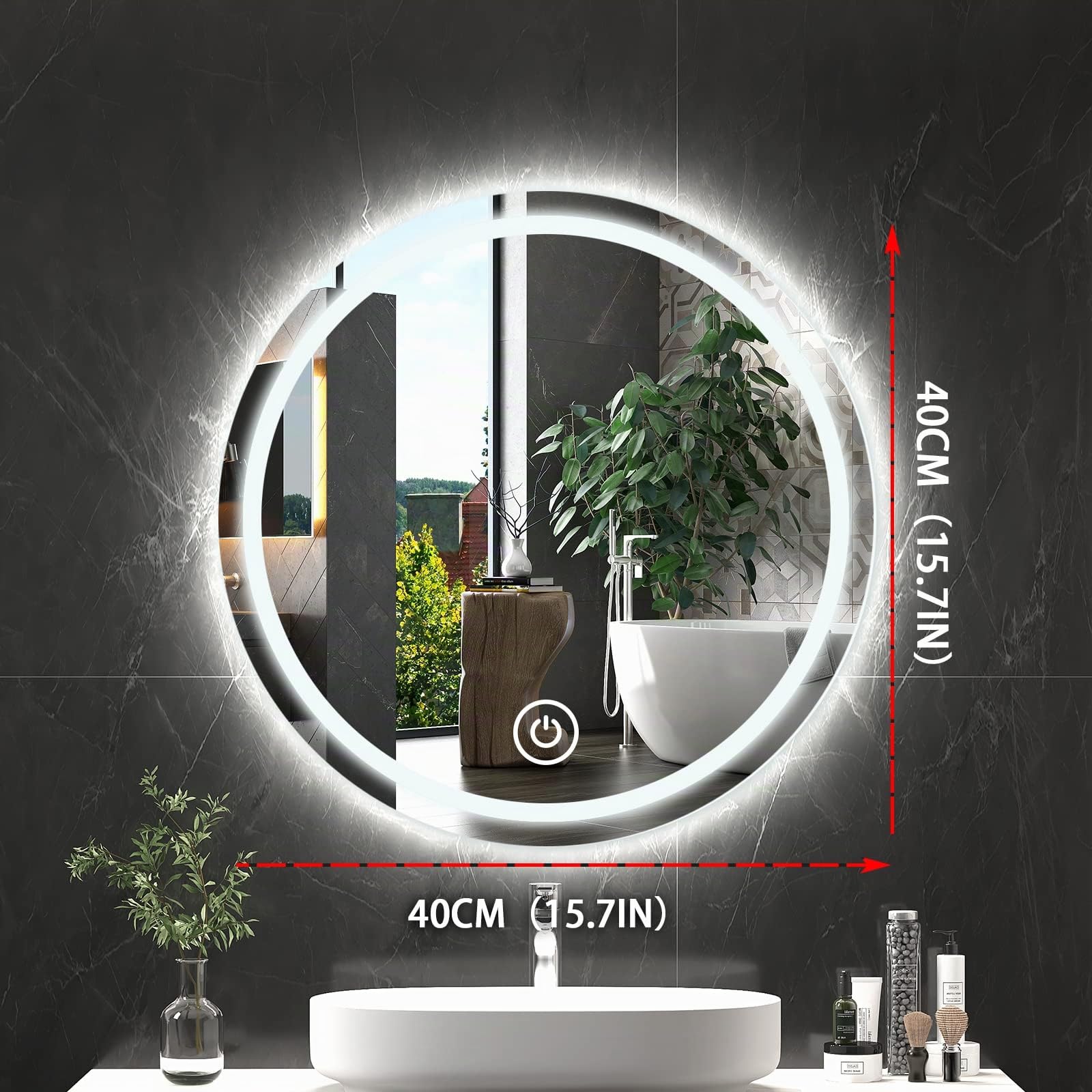Baño Espejo Redondo con Luces Interruptor Táctil de Luz LED Tricolor (Tamaño：40CM,15.7IN)