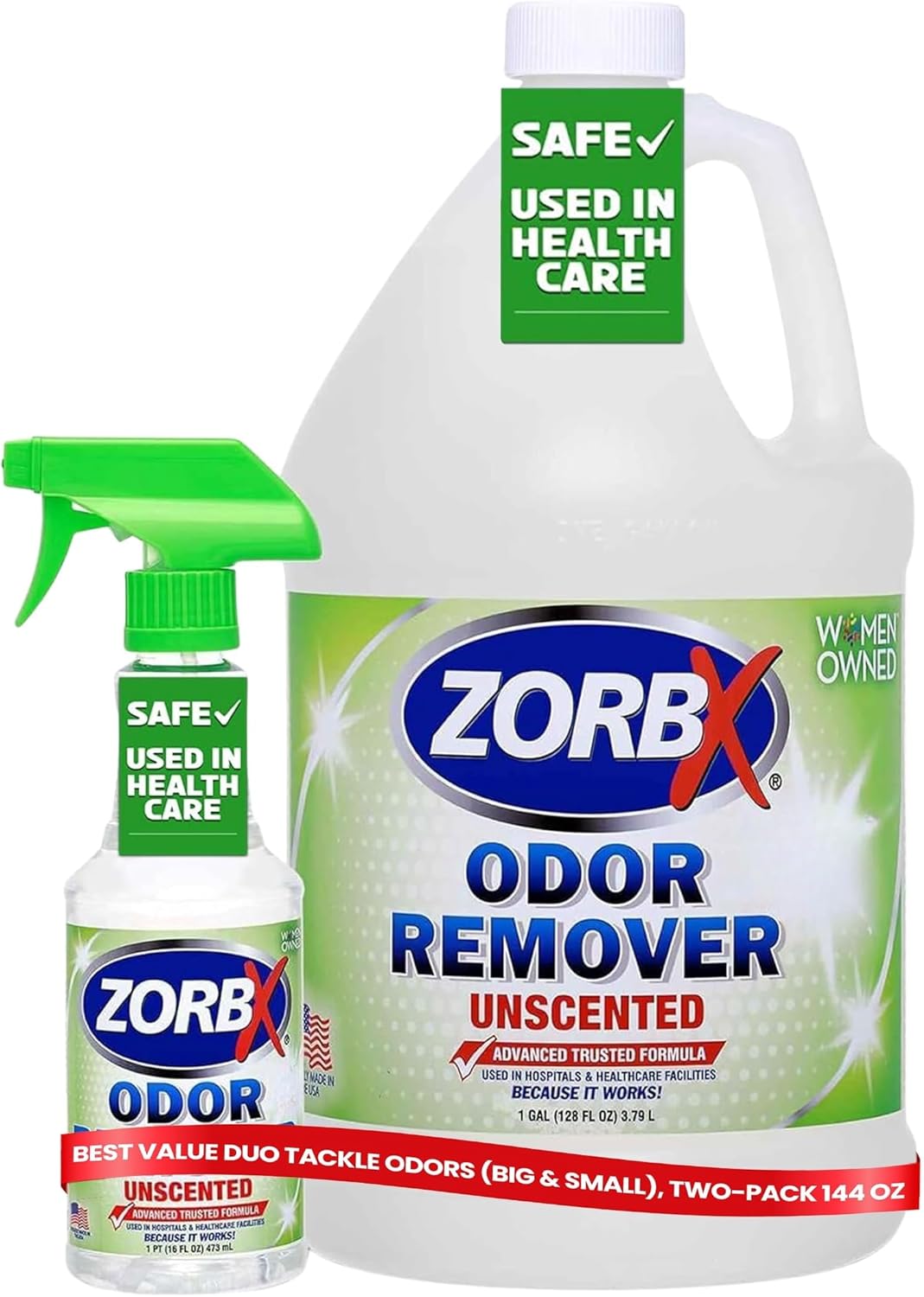 ZORBX Unscented Odor Eliminator for Strong Odor 16 Oz + 128 Oz - Used in Hospitals & Healthcare Facilities - Advanced Trusted Formula, Fast-Acting Odor Remover Spray for Dog, Cat, House & Carpet