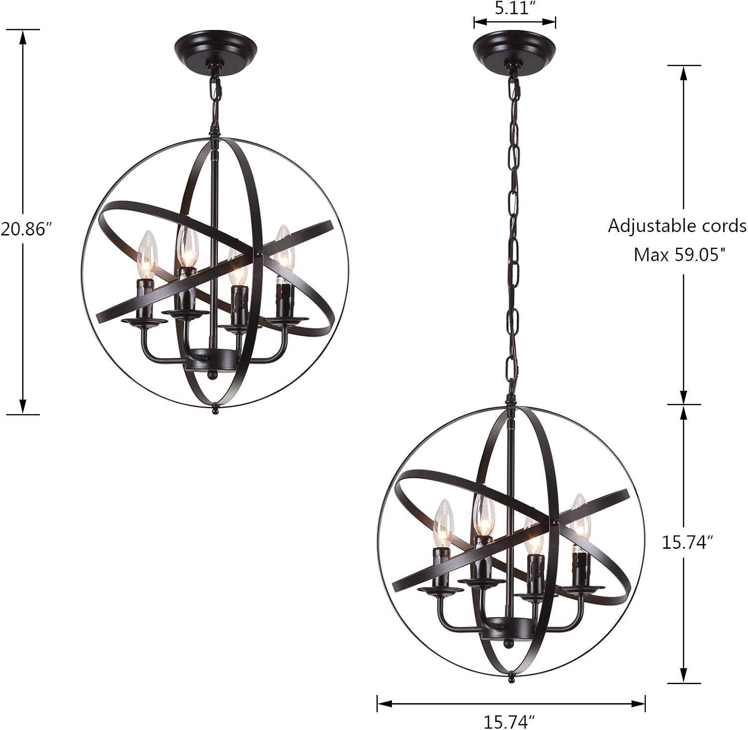Best Seller Heircido 4 Light Sphere Chandelier Light Fixture, Mid Century Metal Globe Pendant Light Ceiling Hanging Rustic Farmhouse Chandelier for Kitchen Dining Room, Matte Black