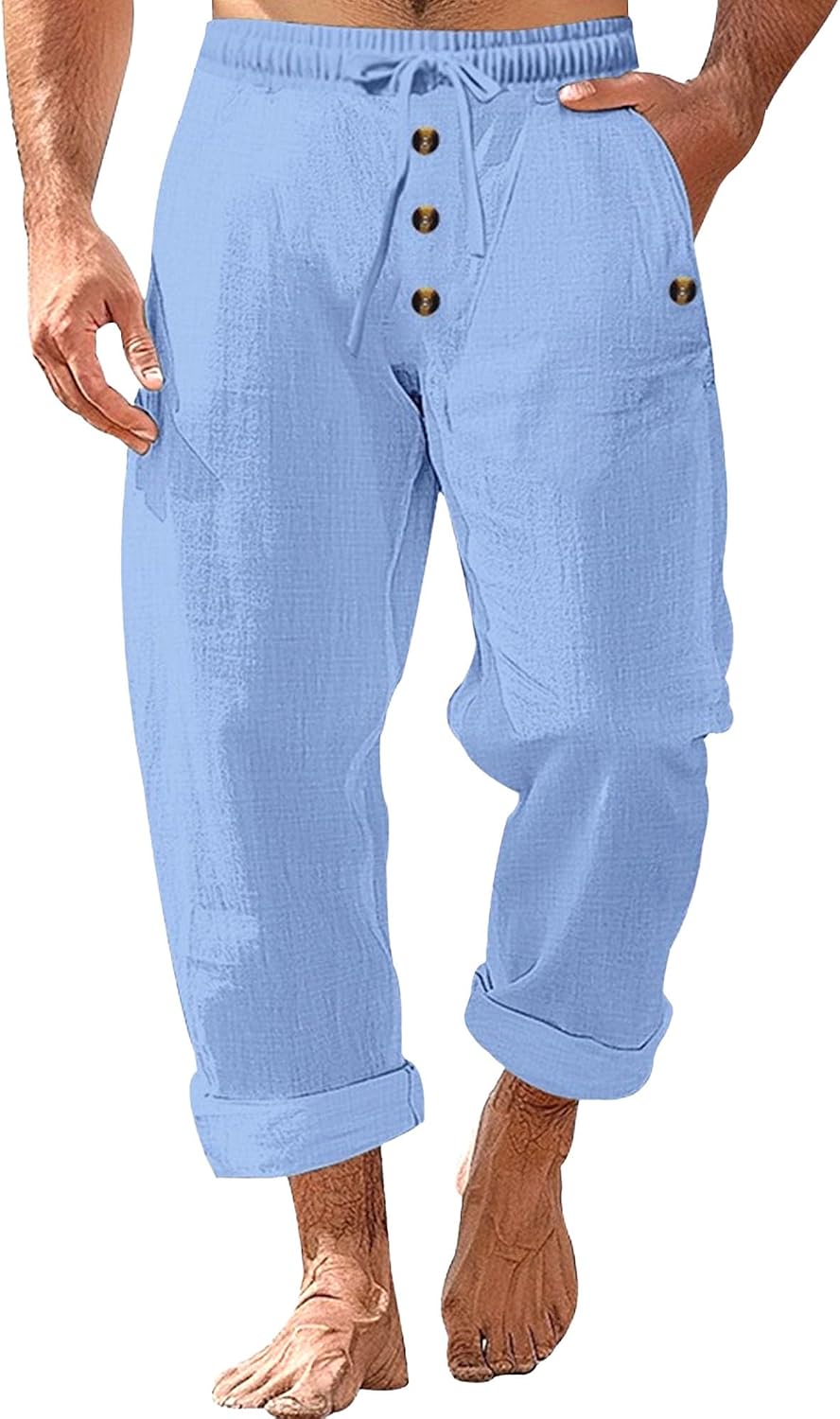 Men Cotton Blend Seacoast Work Trouser Lightweight Drawstring Loose Casual Pants Fall Elastic Waist Cozy Beach Pants