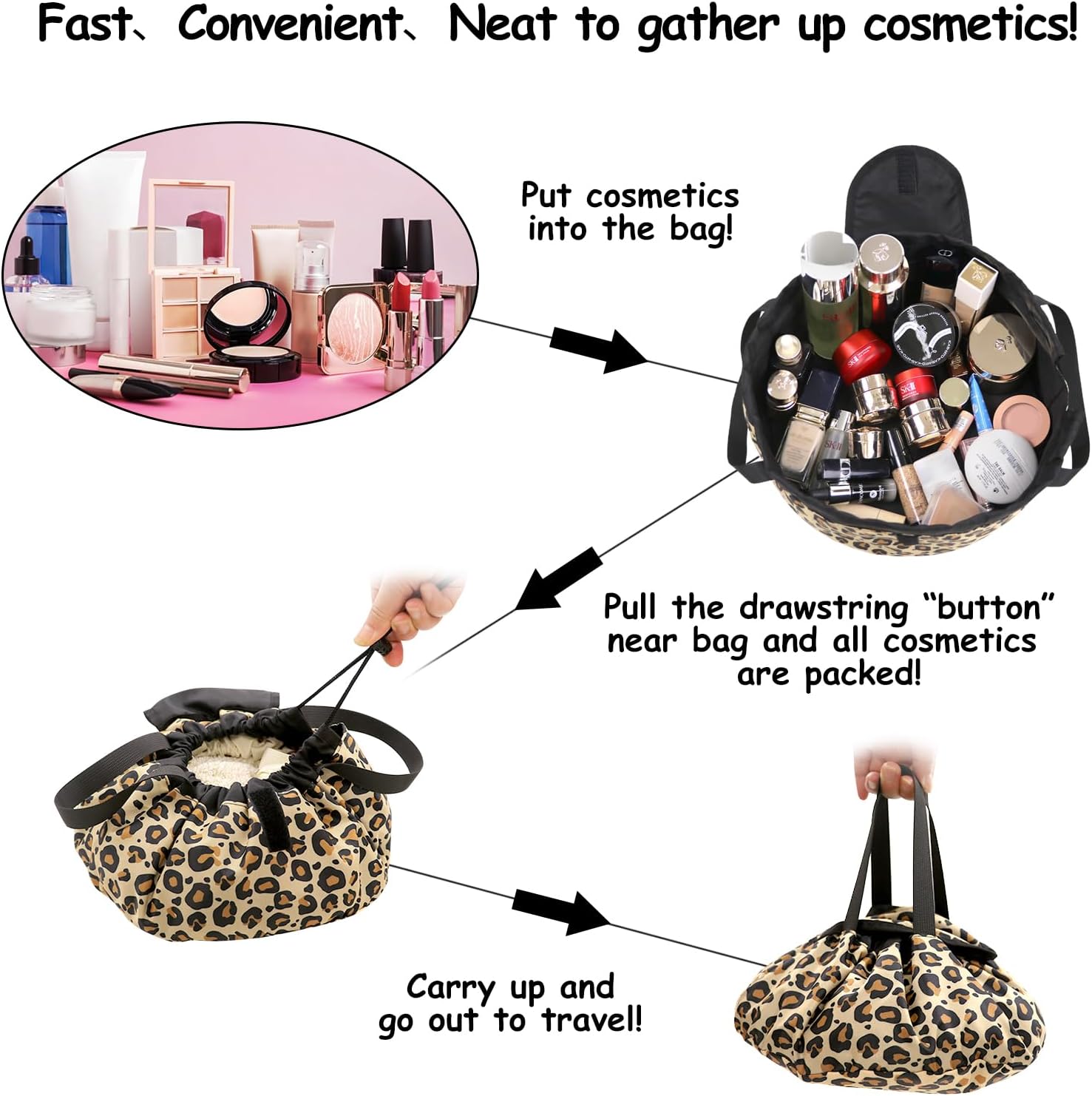 Drawstring Makeup Bag Open Flat ¨C Barrel Drawstring Cosmetic Bag for Women Toiletry Bag for Travel with Brush Bag (Leopard) - Image 8