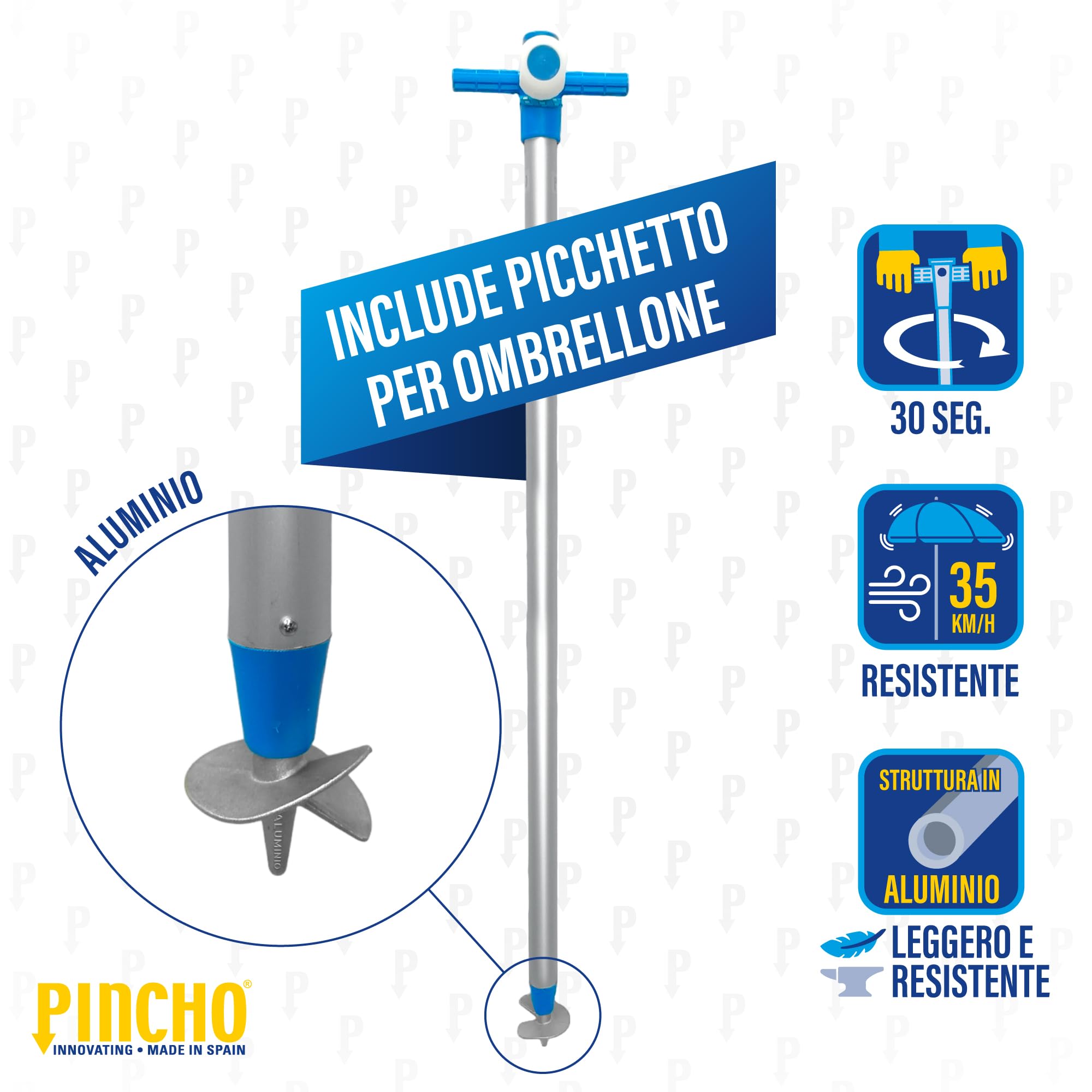 Pincho Ombrellone da spiaggia grande Ø220 cm, antivento fino a 35 km/h, protezione UV 50, materiali di qualità, tubo in alluminio, 8 aste in fibra, bastone reclinabile, con borsa per il trasporto