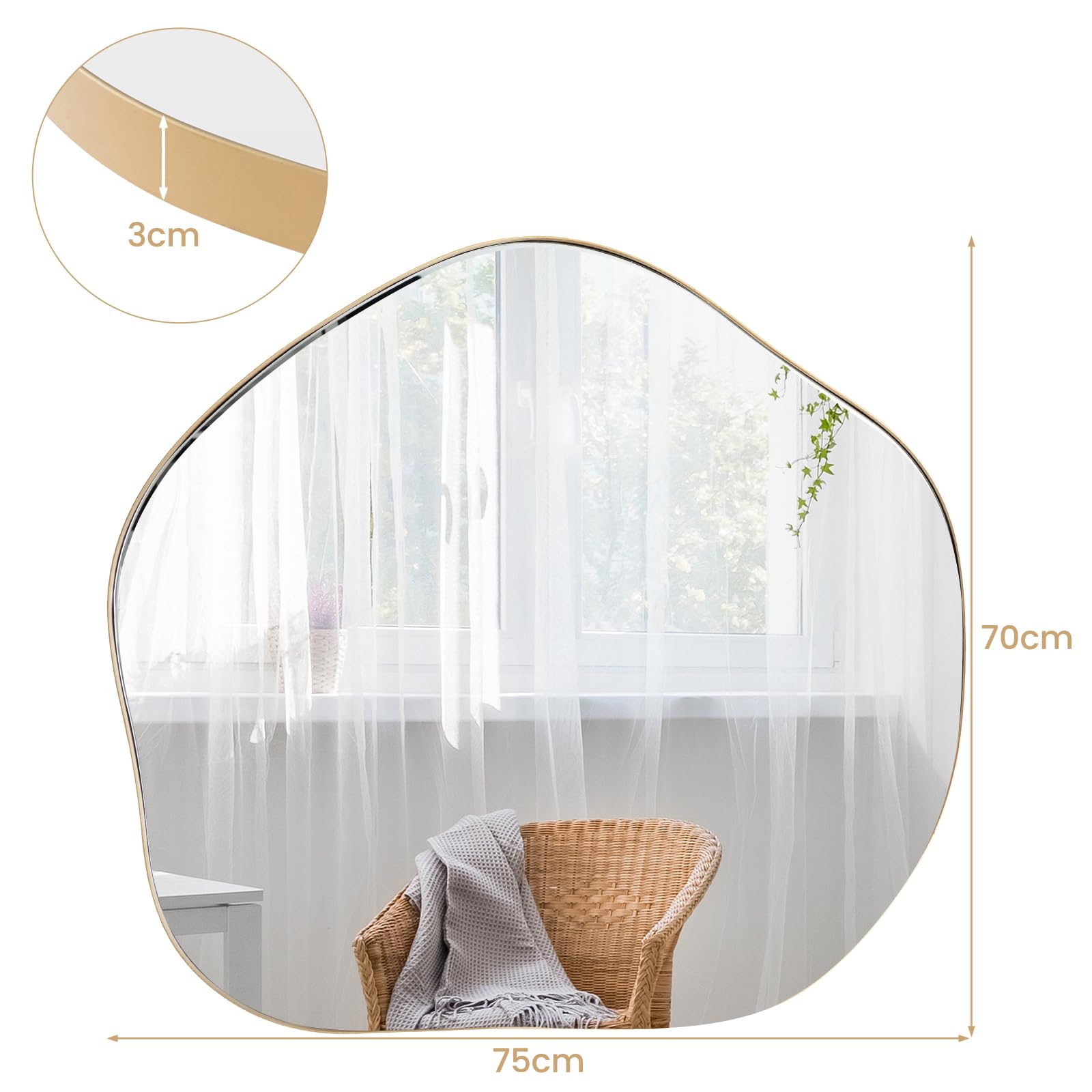 LIFEZEAL Espejo Decorativo, Irregular con Marco de Metal, Asimétrico de Tocador para Colgar en Baño o Dormitorio (75 x 70cm)