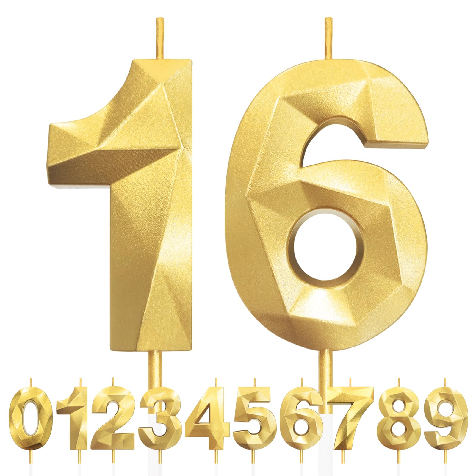 Lfwzry Gold 16Th Birthday Candles, Number 16 Candle, Birthday Candles For Cake, Diamond 3D Happy Birthday Cake Candle Decorations For Birthday Party Wedding Anniversary Celebration Supplies