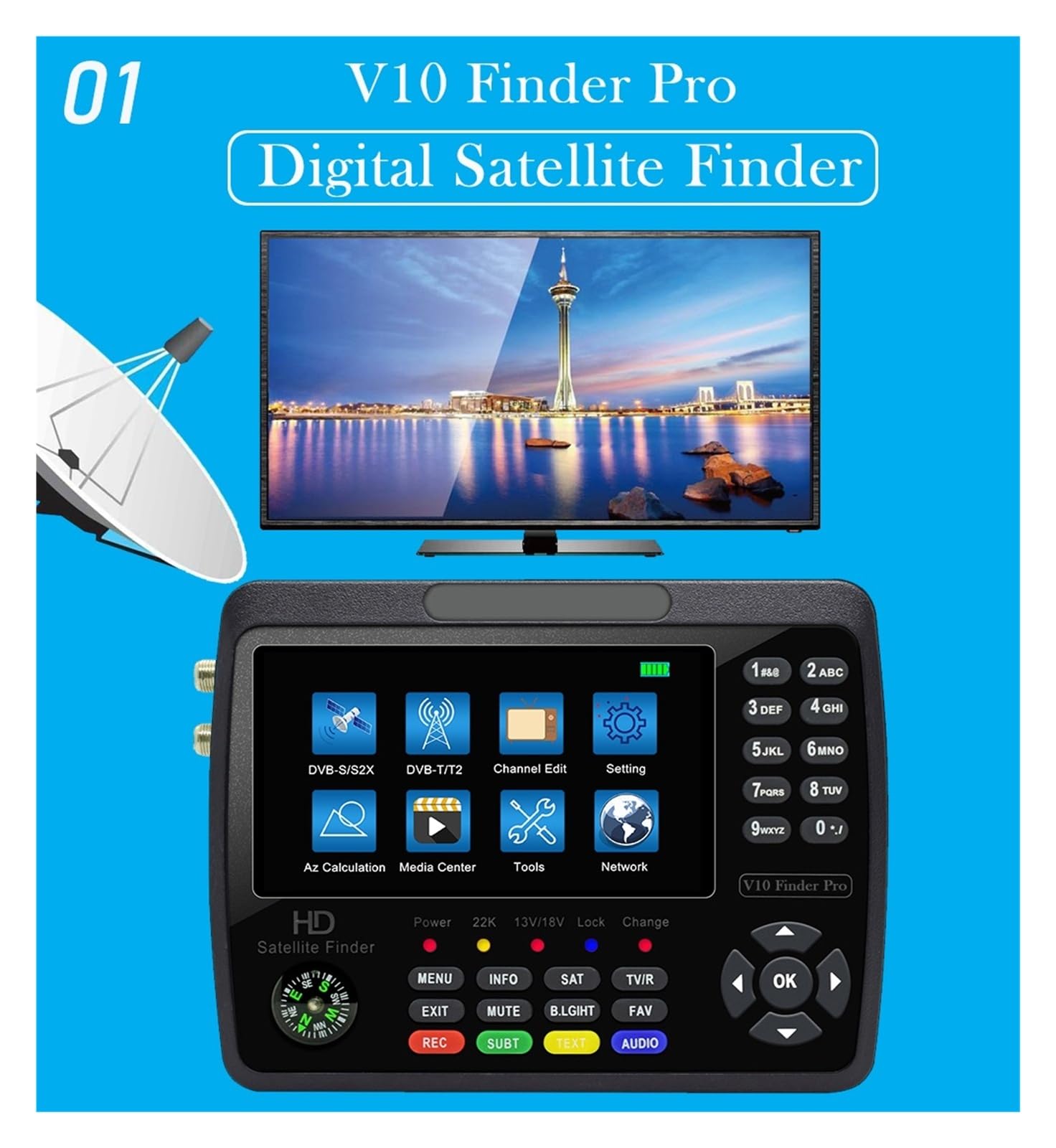 V10 wizjer telewizji satelitarnej z 4,3-calowym wyświetlaczem LCD DVB-S/S2/S2X/T/T2/C Miernik telewizyjny Odbiornik sygnału do anteny satelitarnej Do rozwiązywania problemów