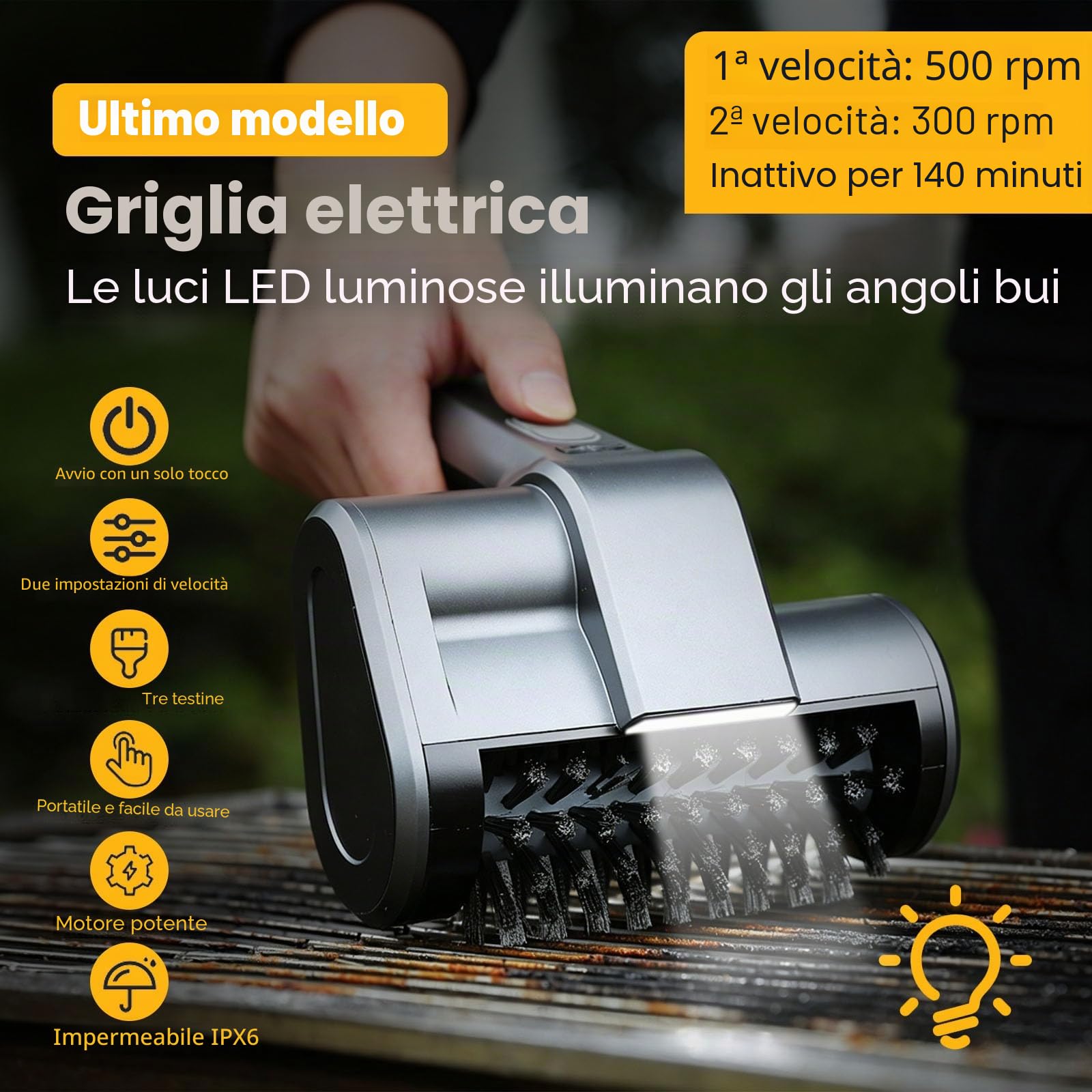 Spazzola Elettrica per Barbecue con Paraspruzzi, 2 Velocità, Luce LED, 3 Testine Intercambiabili – Potente Pulizia per Tutte le Griglie – Pulisci Griglia Bbq Elettrico, Grill Brush Elettrico