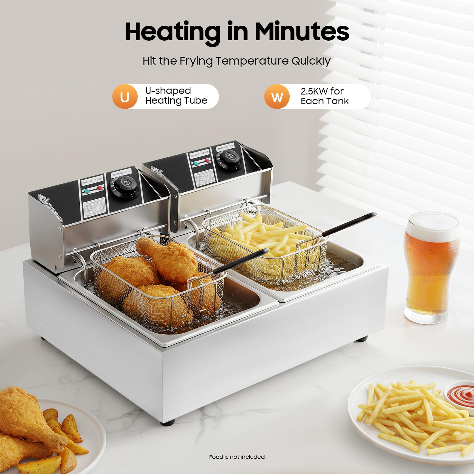 Freidora profesional con 2 cestas de 6 litros, 5000 W, freidora eléctrica de doble tanque, freidora doble, de acero inoxidable, freidora de doble tanque para cocina de restaurante