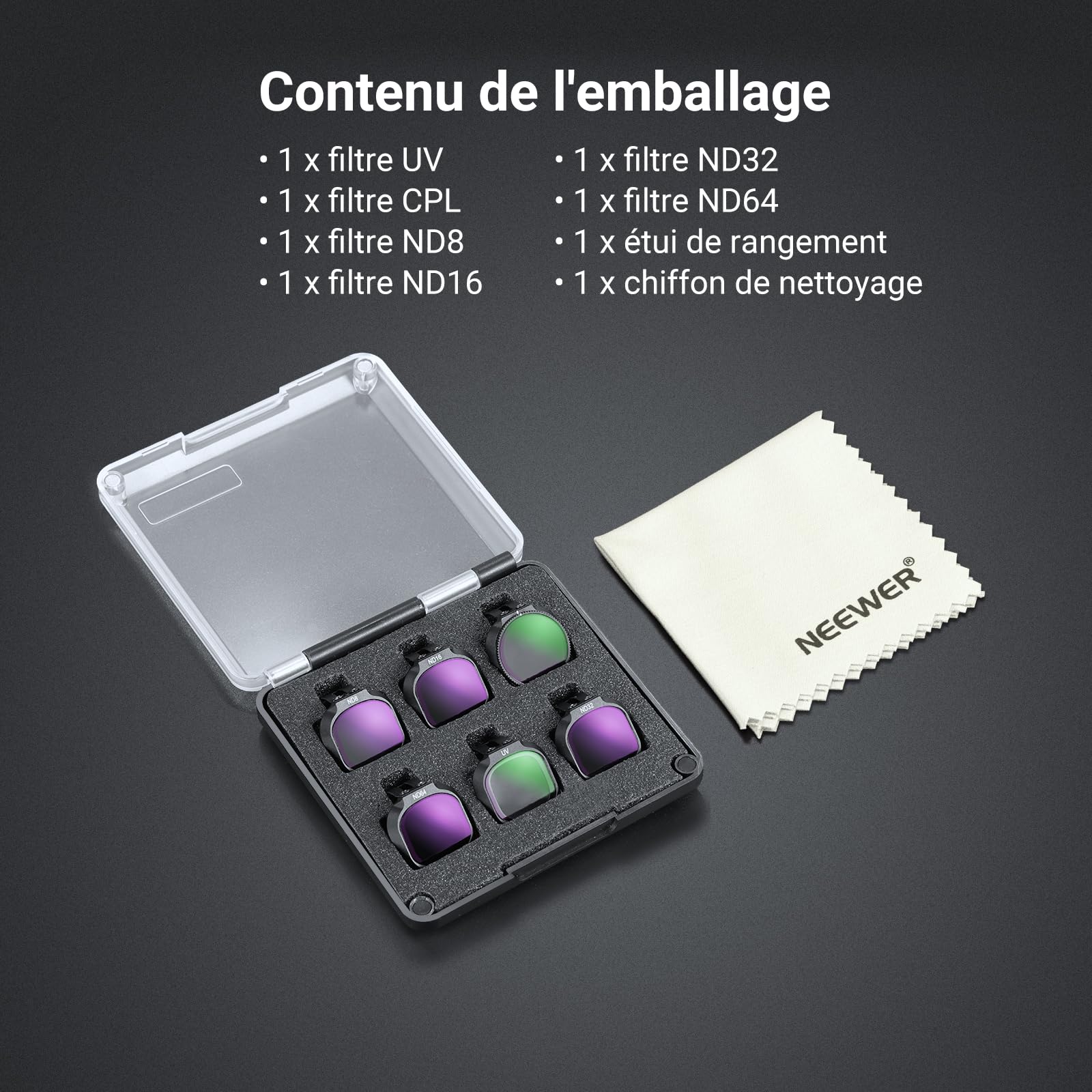 NEEWER CPL+ND Kit de Filtres Compatible Uniquement avec DJI Neo 2,Pack de 3,à Clipser,pour Objectif de Drone, Filtre Polarisant Circulaire à Densité Neutre (ND8/32), Verre HD Multicouche,FL-N72