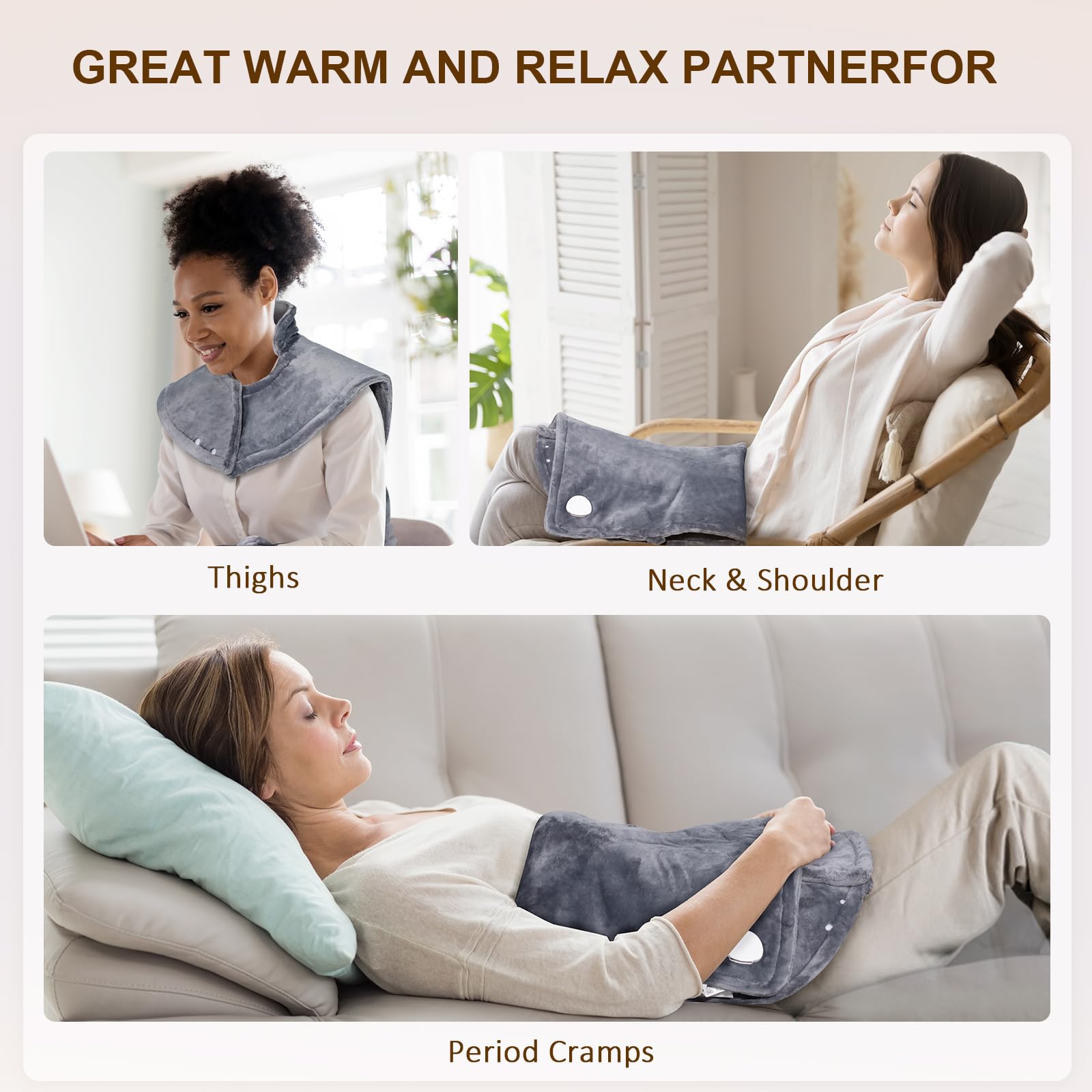 NALONE Coussin Chauffant dos Electrique Epaule et Nuque 63×100cm, 6 Niveaux de Chaleur, minuterie d'arrêt Automatique de 4 heures, Ceinture, Chauffe-dos, Flanelle, Lavable en Machine