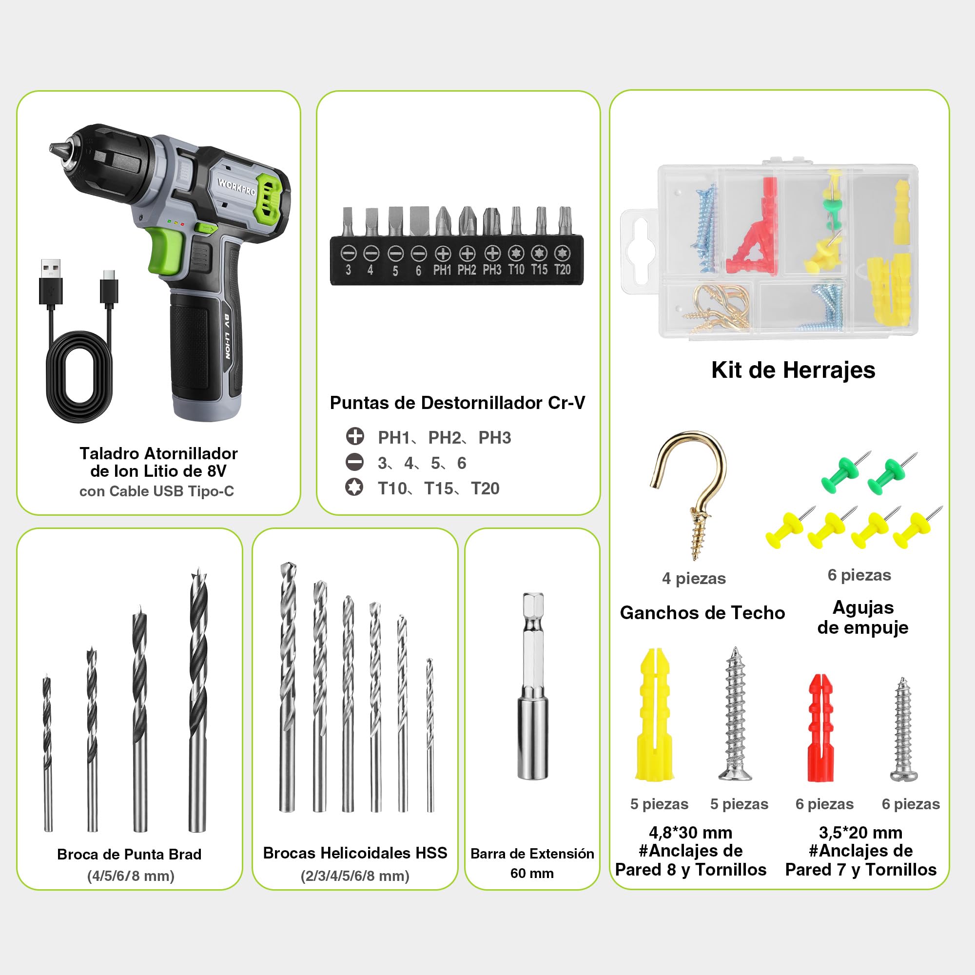 WORKPRO Atornillador Eléctrico 8V con 53 Accesorios | Destornillador Recargable con Velocidad Variable, Luz LED y Estuche para Montaje y Reparación