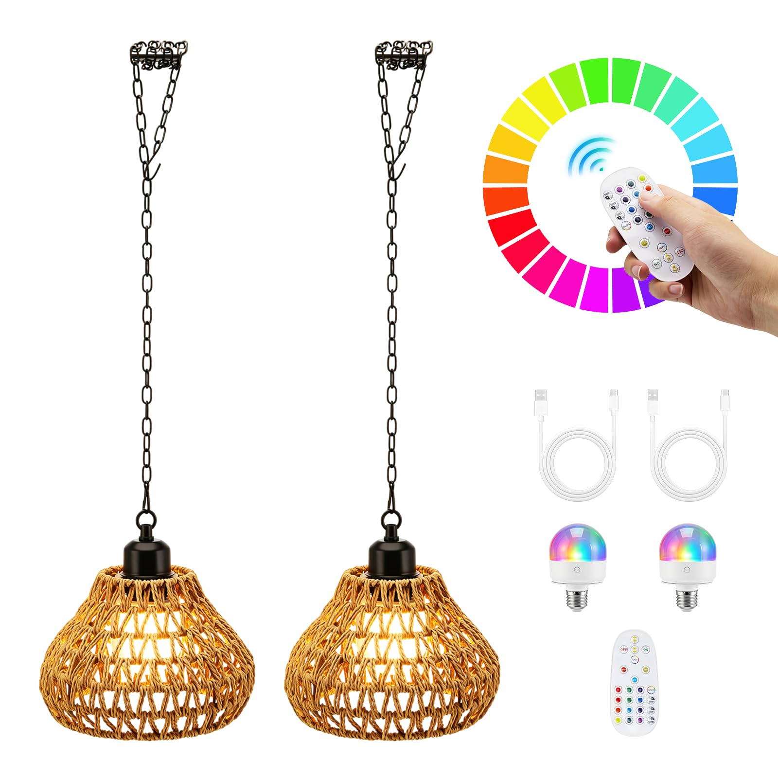 Normodic Battery Operated Pendant Lights, 2 Pack Rattan Pendant Lamps Outdoor, Ceiling Hanging Chandeliers with Remote Control, Portable Boho Lampshade Dimmable Lighting for Gazebo Porch Patio Decor