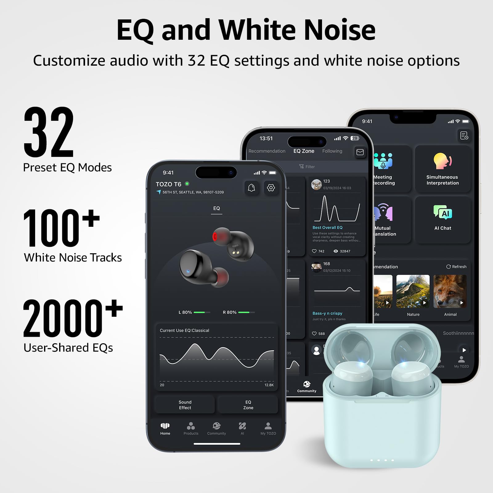 TOZO T6 True Wireless Earbuds Bluetooth 5.3 Headphones Touch Control with Wireless Charging Case IPX8 Waterproof Stereo Earphones in-Ear Built-in Mic Headset Premium Deep Bass 32 EQs via APP view 6