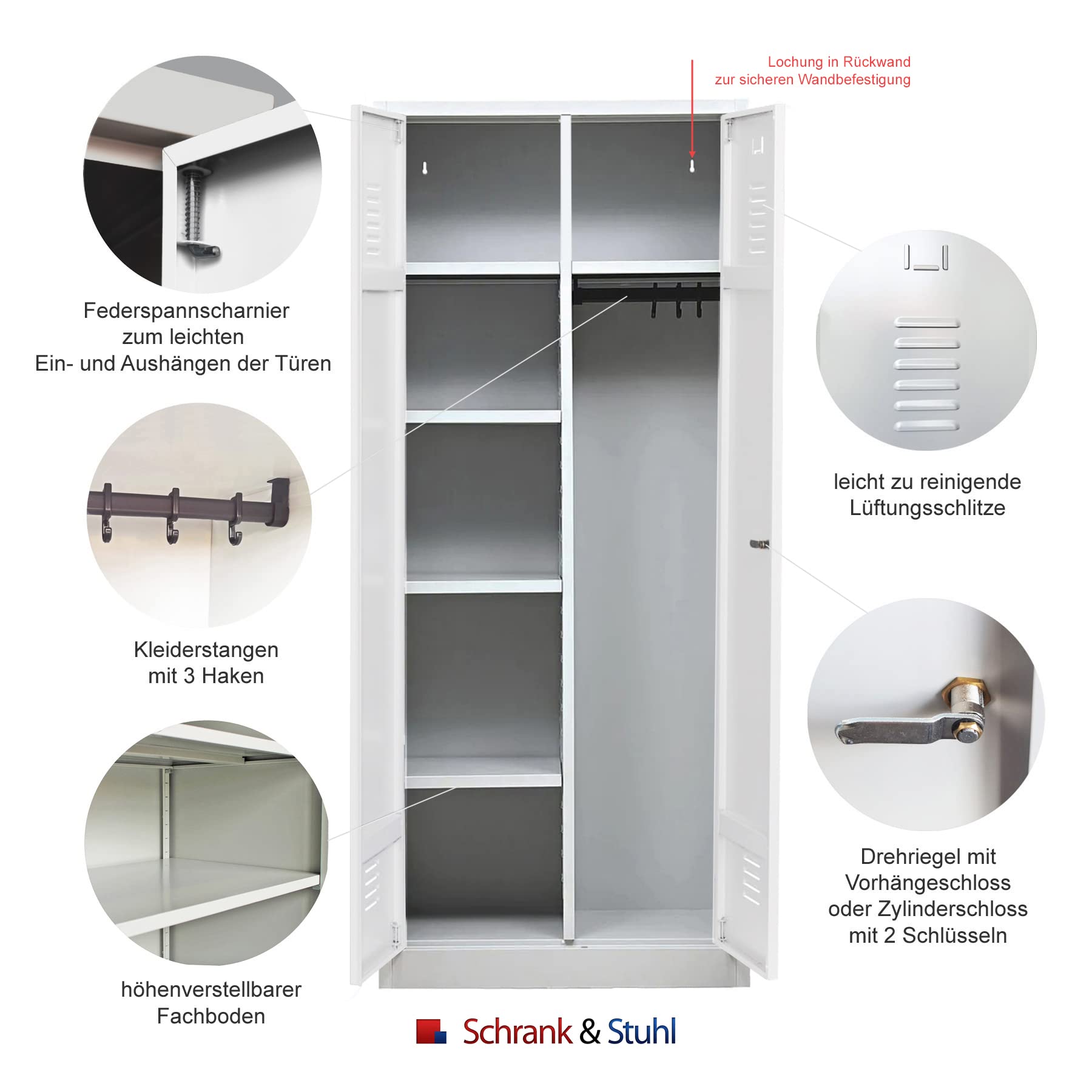 Schrank & Stuhl Mehrzweckschrank | Besenschrank mit Durchgehender Trennwand, Hakenleiste und 7 Fächern 180x60x50, Drehriegelverschluss, komplett montiert, Grau/Weiß