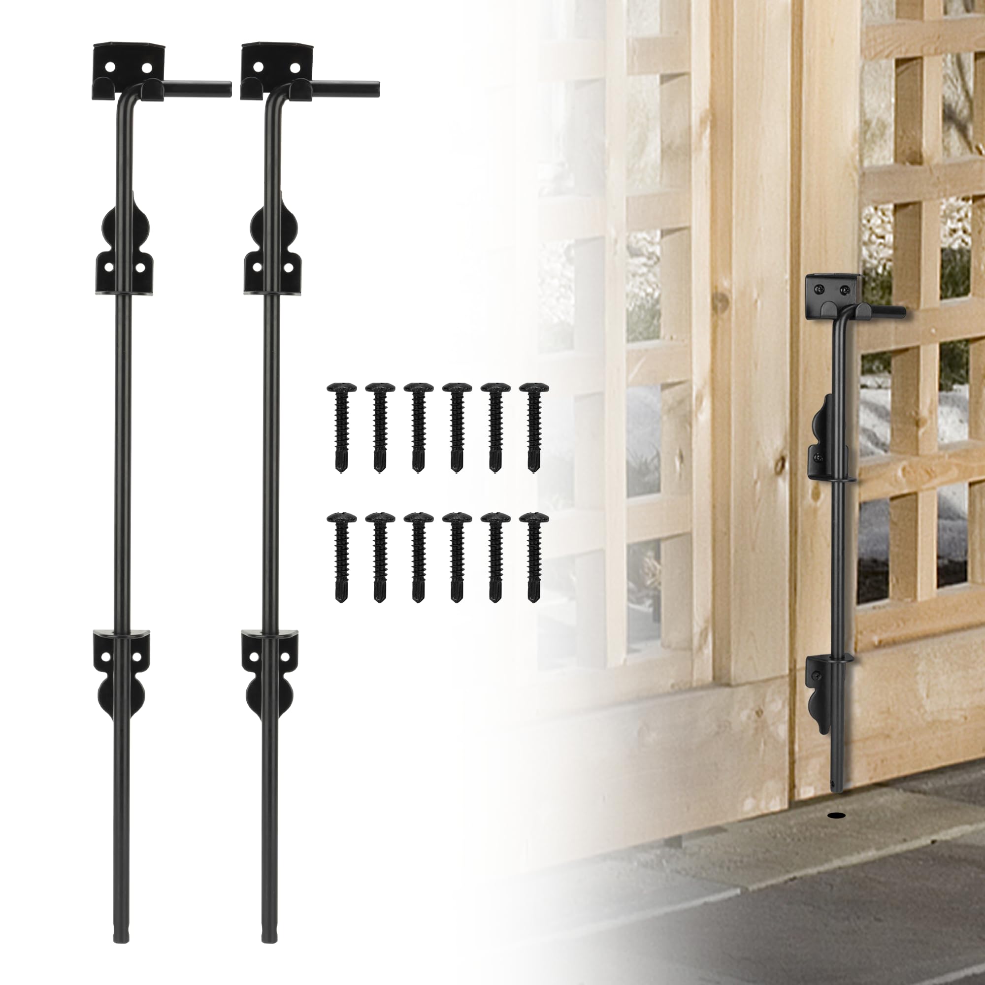 24" Heavy Duty Cane Bolt, Double Gate Latch with Black Finish, 2 Way Gate Drop Rod for Wood PVC Vinyl Metal Fences Gates Double Doors-2 Pack