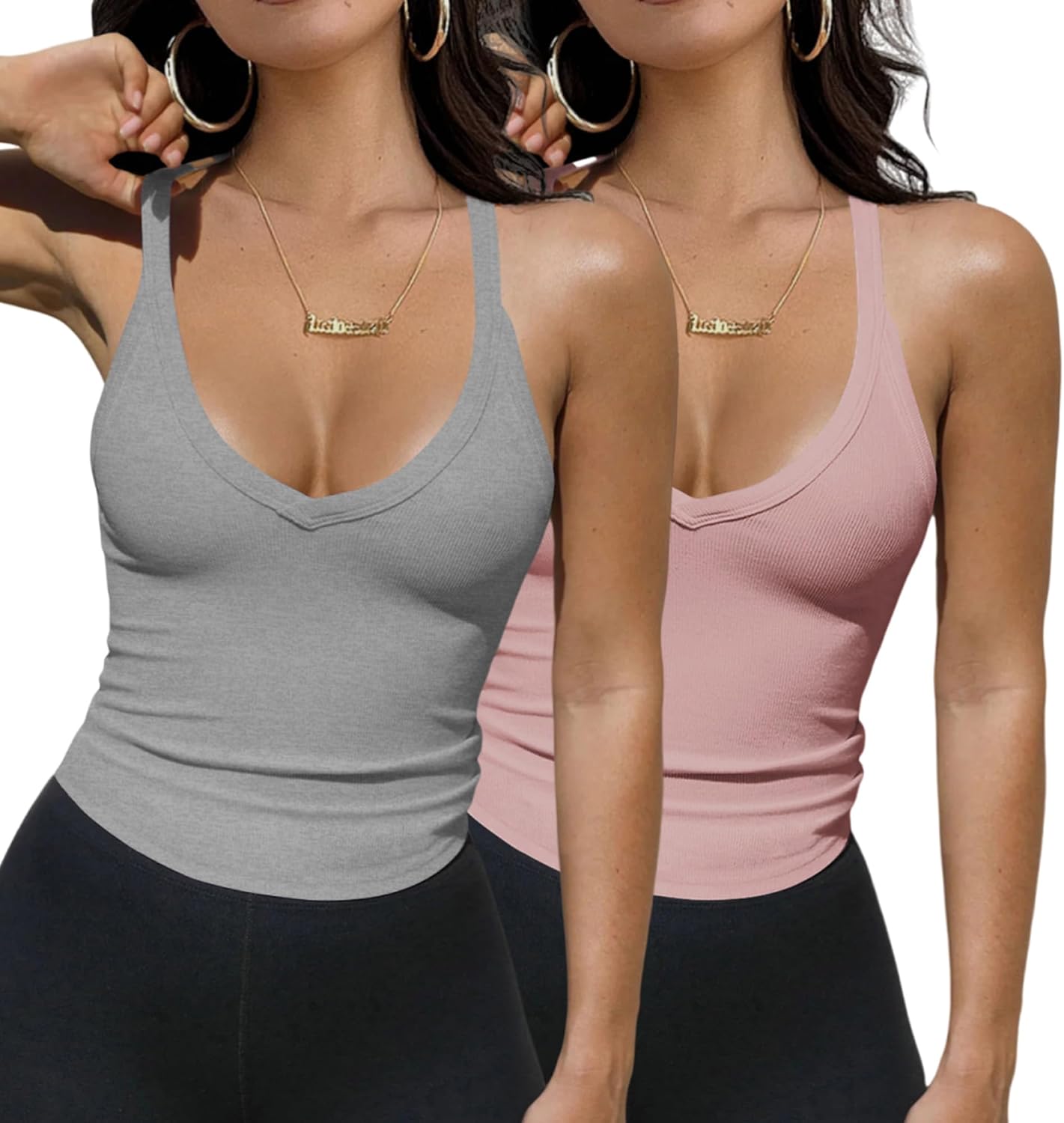 MUYDZ 2-Pack Sleeveless Tank Tops for Women V-Neck Ribbed Tank Tops 2025 Workout Tops for Women Camisole Basic