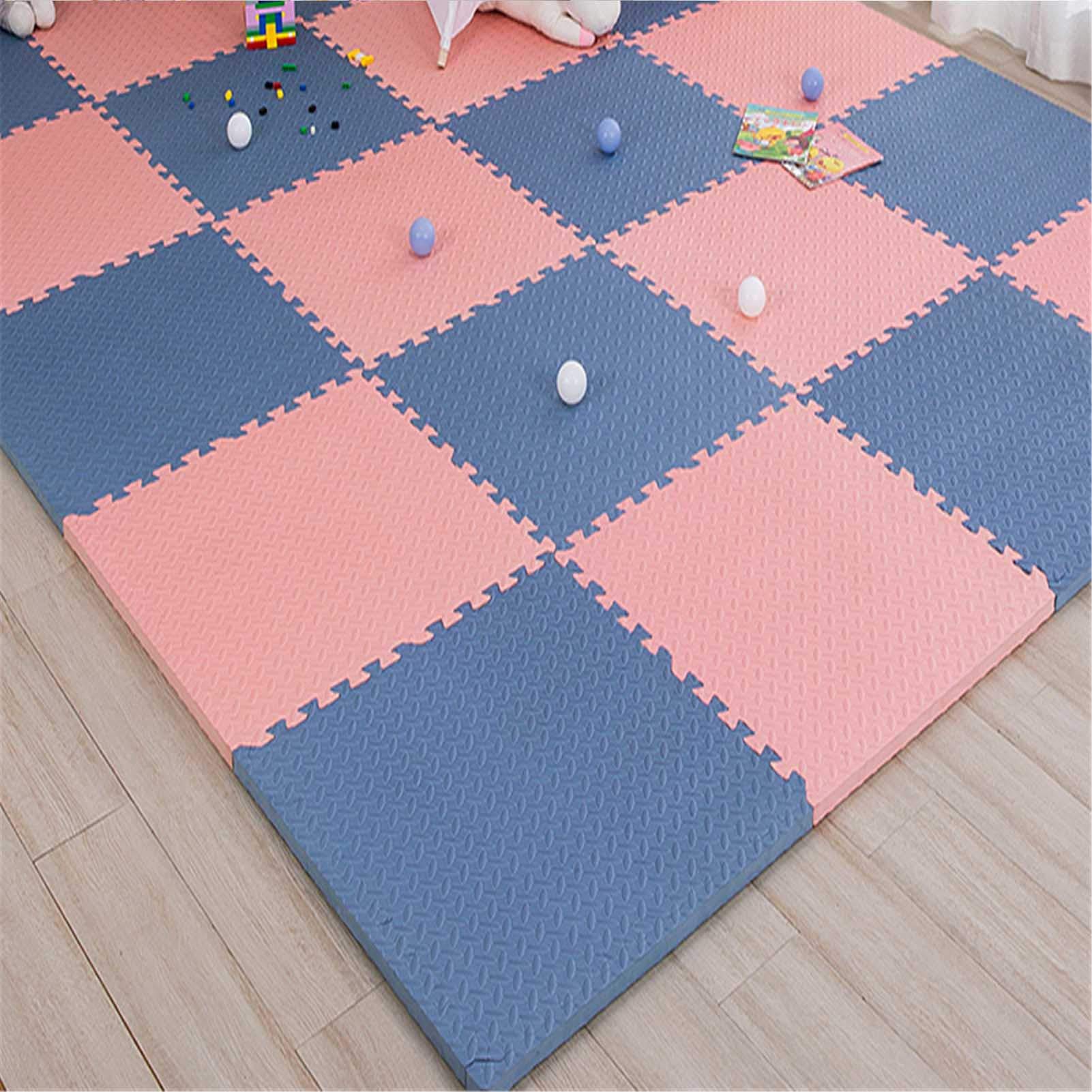 Tapis De Jeu en Mousse pour Enfants, Carreaux De Tapis De Jeu en Mousse pour Enfants avec Bords - Parfaits pour La Protection du Sol, Garage, l'exercice, Yoga, Salle Jeux,Blue+Pink,4
