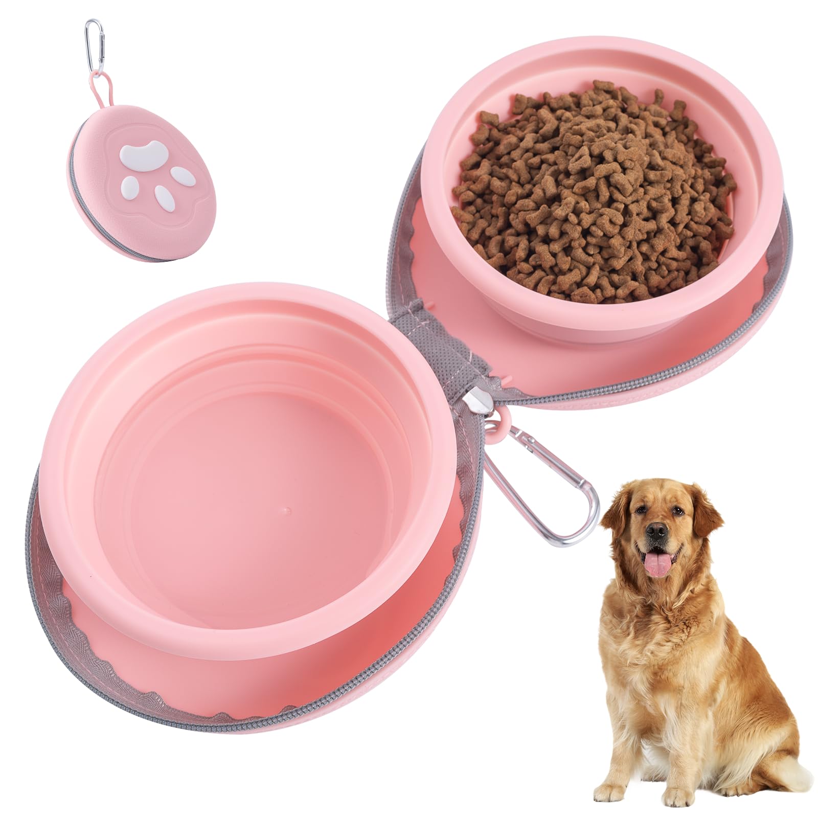 Cuenco plegable 2 en 1 para perros, con funda de viaje, cuenco de silicona, cuenco portátil para perros, para acampar y pasear, color rosa