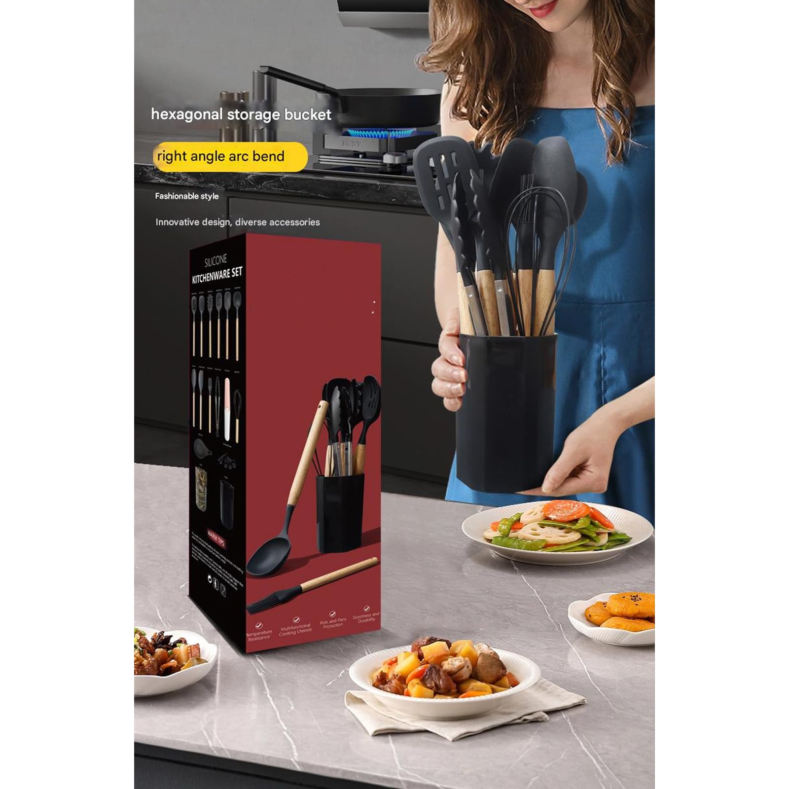 Set di utensili da cucina con manico ergonomico Materiali in silicone fino a 200 ° C Strumento di cottura sicuro per uso domestico Spatola con manico ergonomico