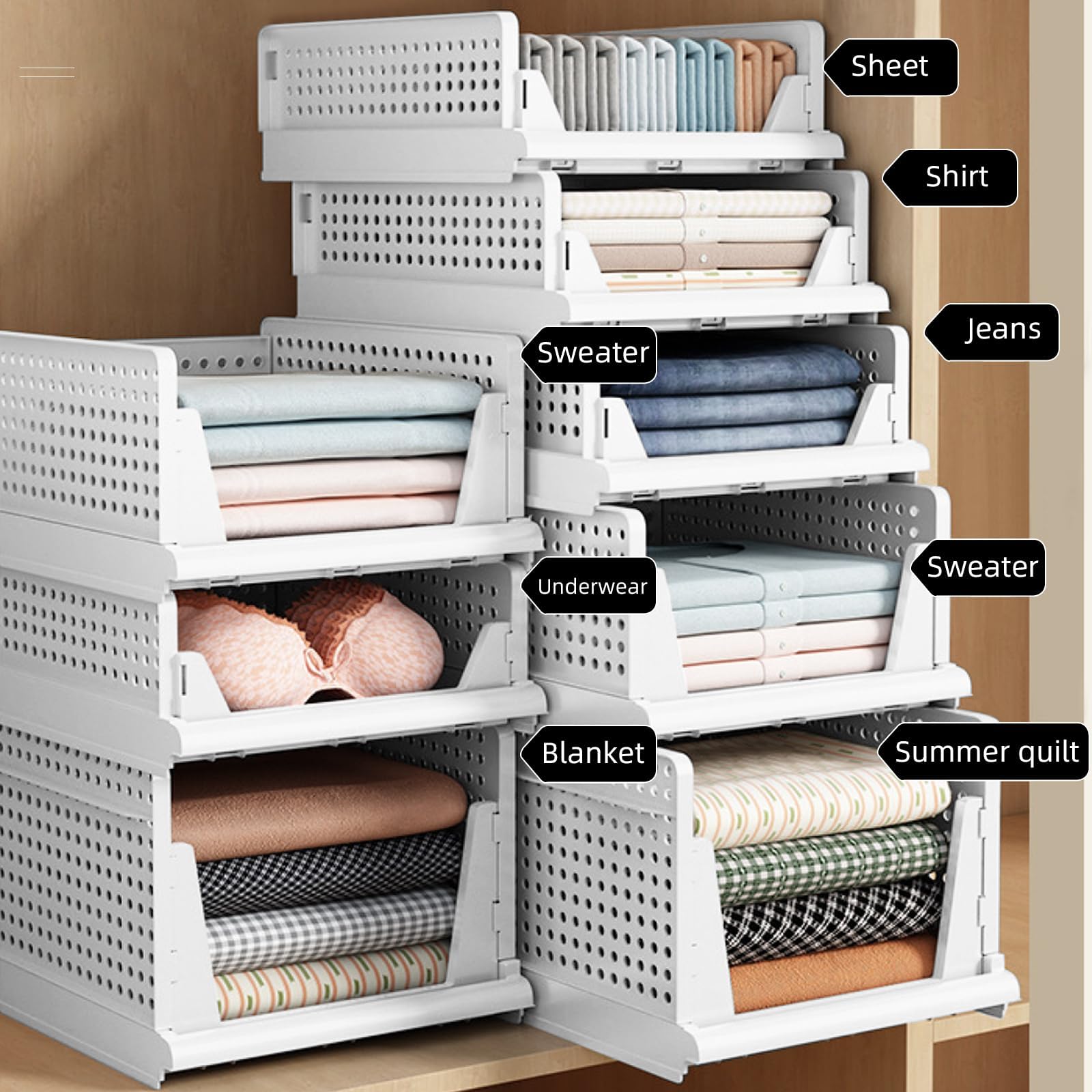 Organizador de almacenamiento para armario, 4 piezas cestas apilables grandes – 43x33,5x25cm, contenedores de almacenamiento de plástico para armario, hogar, oficina, lavandería, ropa