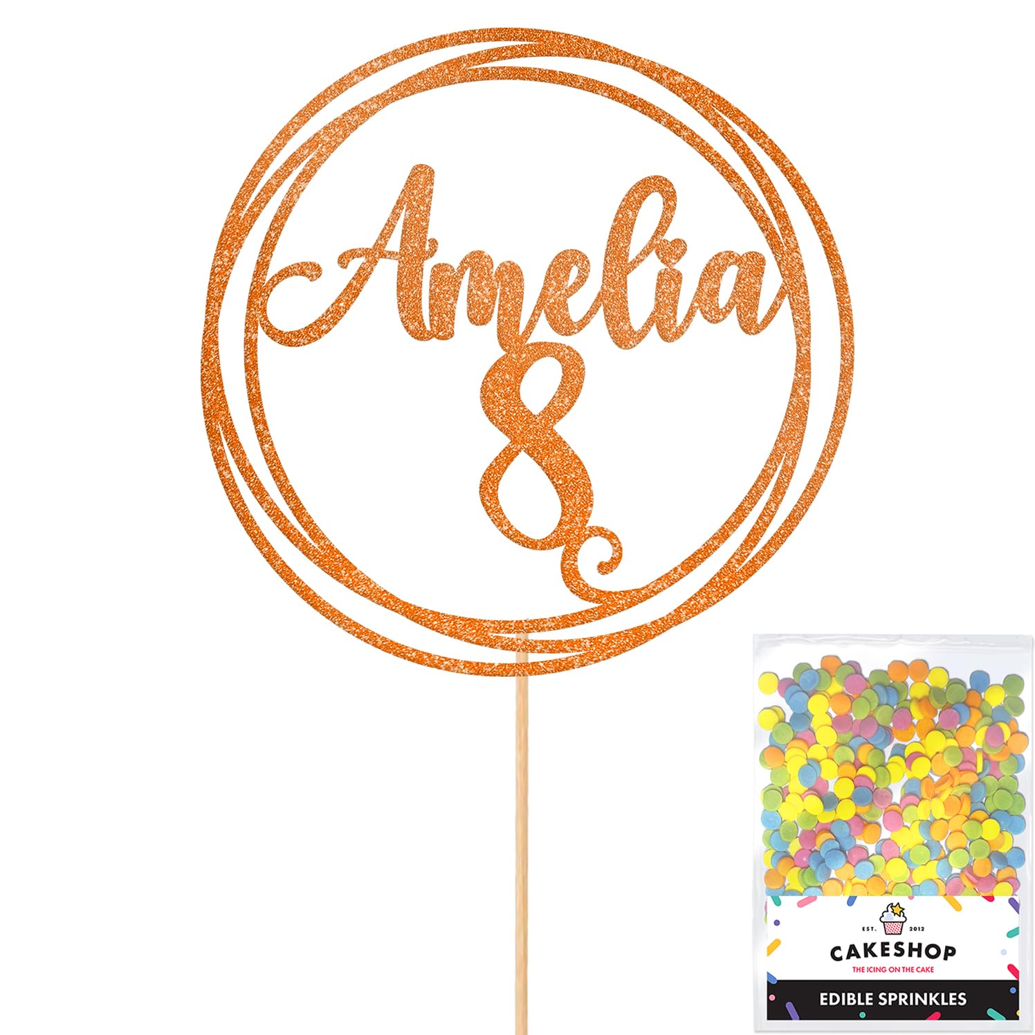 Personalised Round Happy Birthday Glitter Cake Topper - Orange Any Custom Age & Name Glitter Cake Decoration and Sprinkles - Happy Birthday Decorations - Personalised Toppers for Cakes by Cakeshop