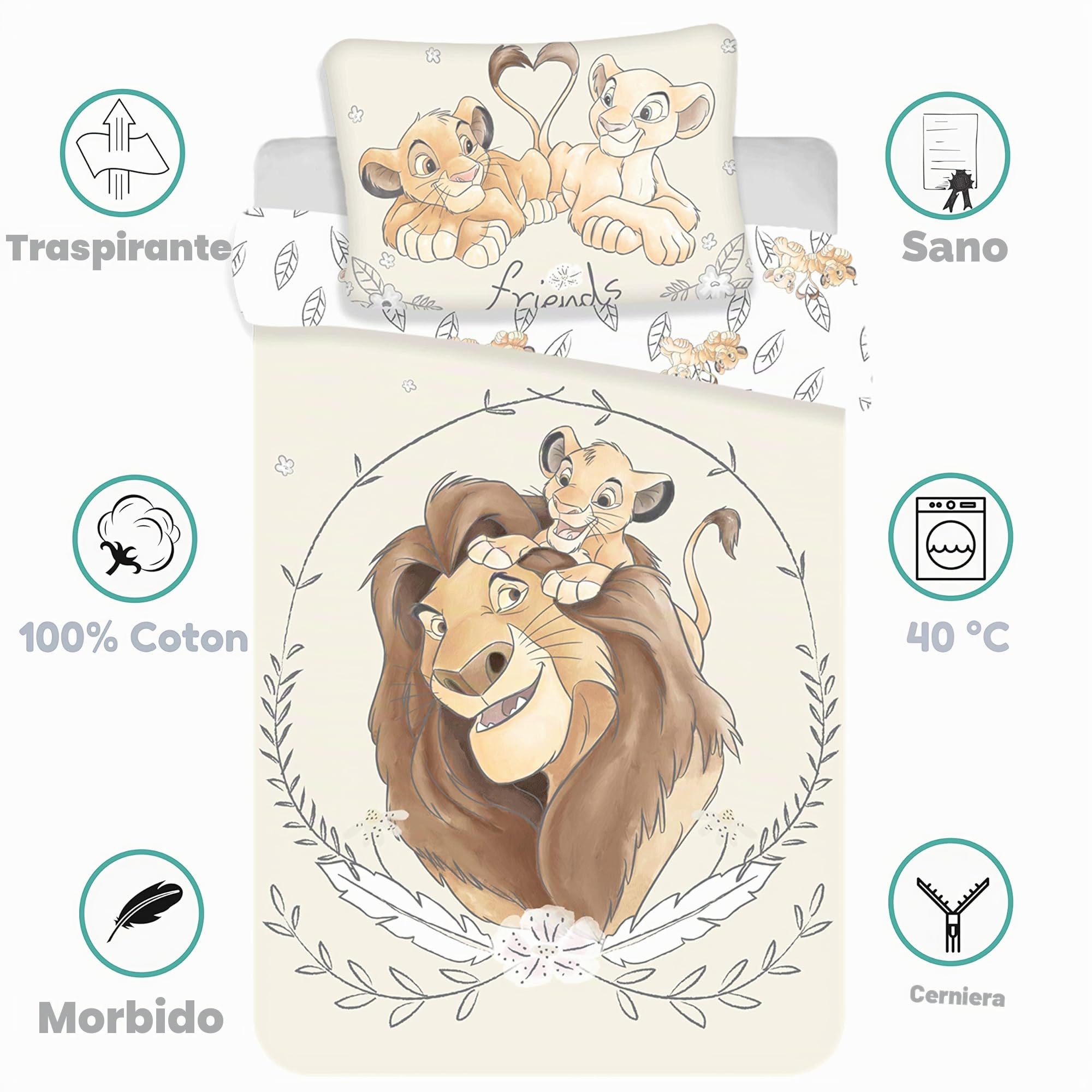 Disney, Il Re Leone, Simba e Mufasa, set di biancheria per lettino, copripiumino e federa, 100% cotone, 100 x 135 cm