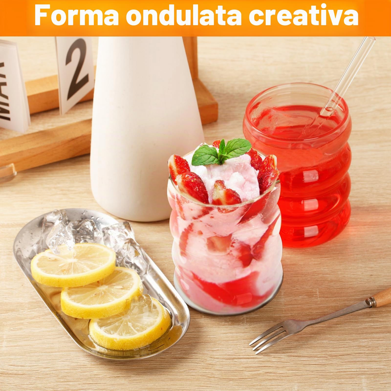 Withosent 300ml Bubble Bicchieri Acqua Vetro con Cannuccia, 4 Pezzi Set Bicchiere Bolle Ondulazione Vintage, Bicchieri Vetro per Latte Macchiato, Caffè, whisky, Cocktail, Yogurt, Soda
