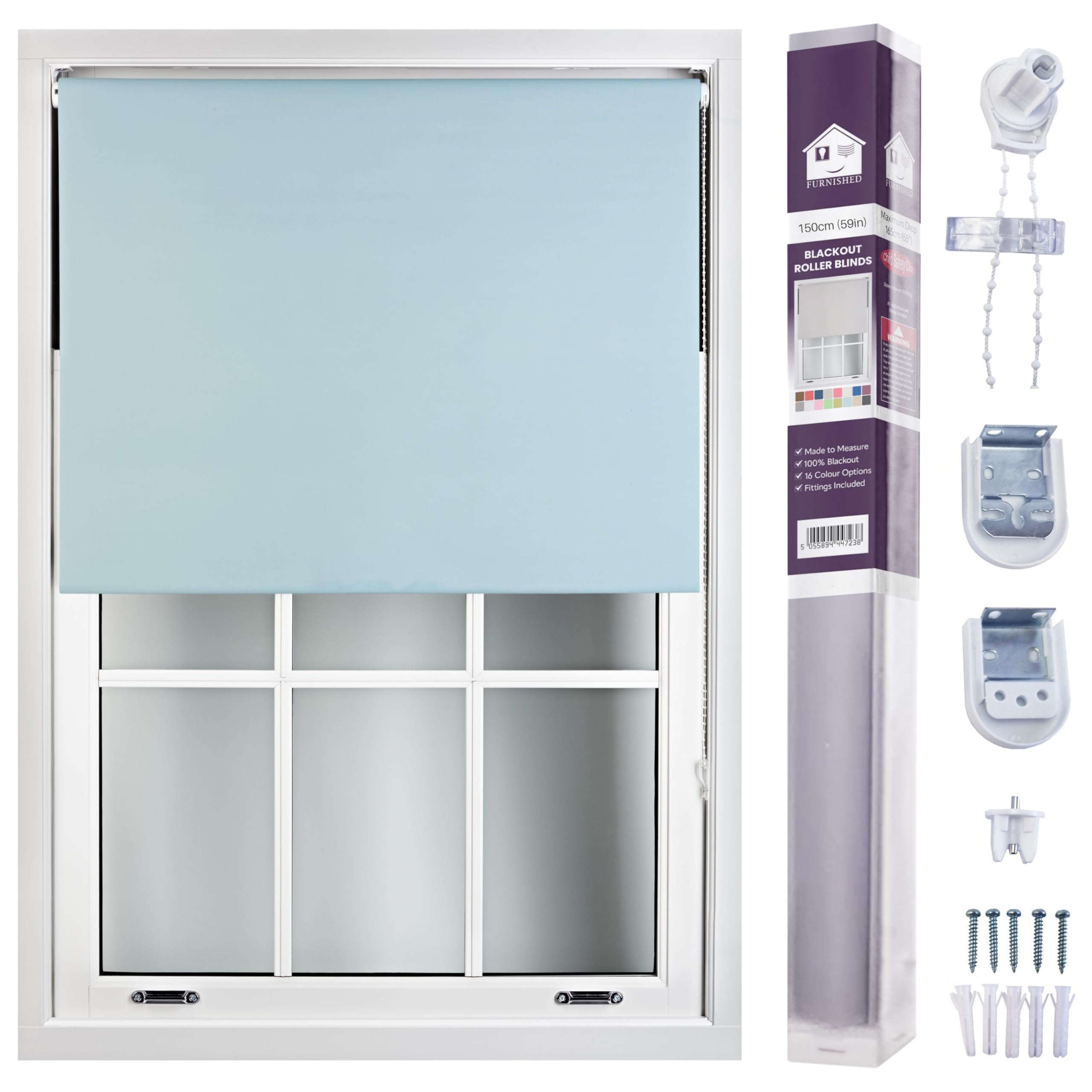 Furnished Duck Egg Blue Roller Blinds Window Blackout Blind - 100% Black Out Thermal Fabric Easy Fit Fittings - Custom Made To Measure Blackout Blind Bedroom Bathroom Kitchen, Up To 150W X 210H Cm