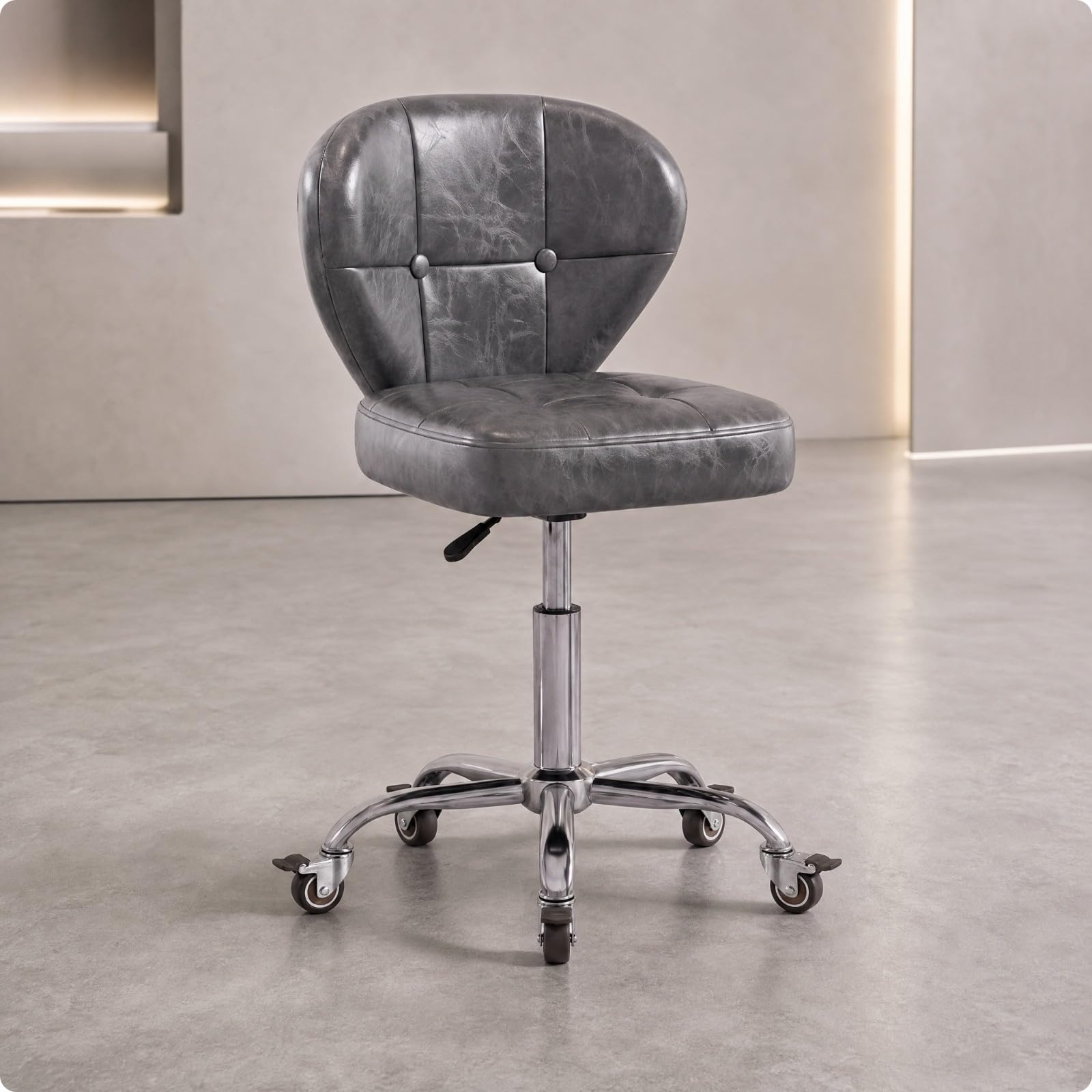 Poltrona Girevole per Salone con Rivestimento in Pelle Imbottitura Spessa Pistone Pneumatico Rotazione 360 Gradi Base a Cinque Raggi con Ruote per, Ruote Gommate Con Freno, Bianco, Senza Poggiapiedi