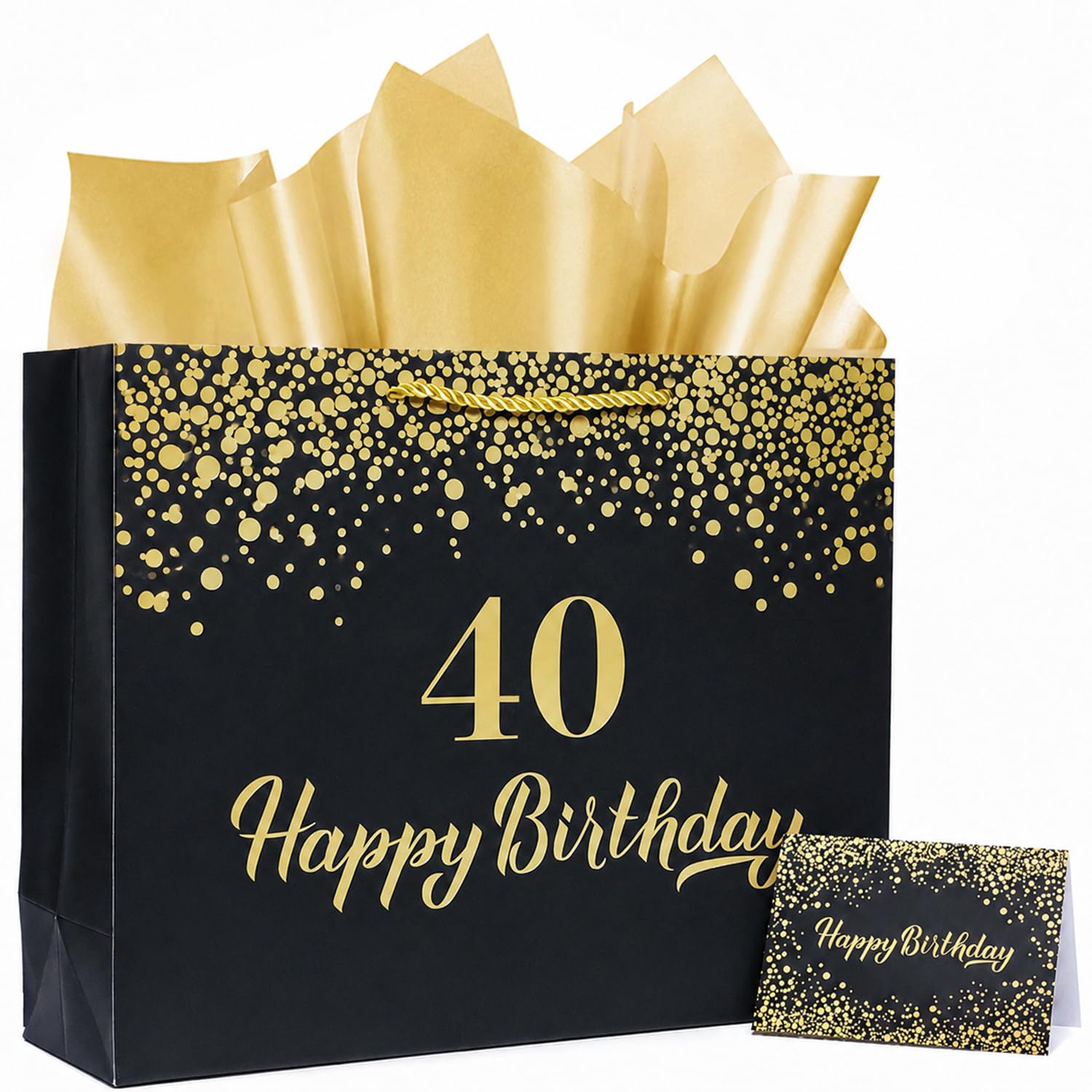 Black 13.3' Large 40th Birthday Gift Bag with Tissue Paper and Greeting Card for Men Women's Birthday Supplies (Black 40th)