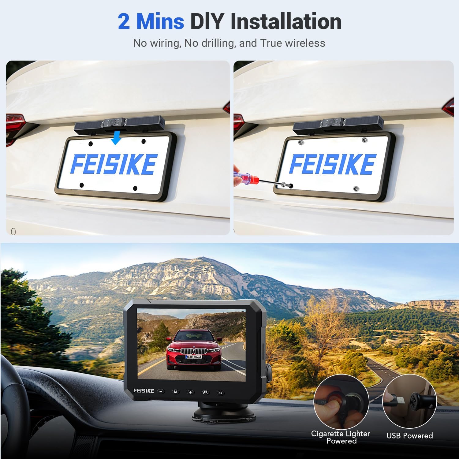 FEISIKE Solar Wireless Backup Camera with 5" 1080P Monitor, 10000mAh Rechargeable Battery, 2-Minute DIY Installation, IP69K Waterproof for Car, Truck, SUV, Van, Trailer